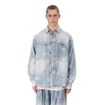 VANN VALRENCE Washed Floral Jacquard Denim Shirt-Shirt-S-Free Shipping Leatheretro