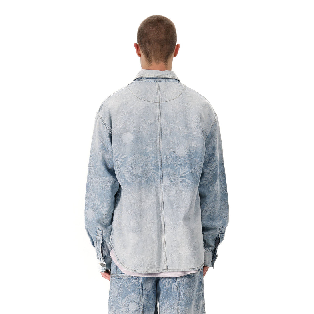 VANN VALRENCE Washed Floral Jacquard Denim Shirt-Shirt-S-Free Shipping Leatheretro