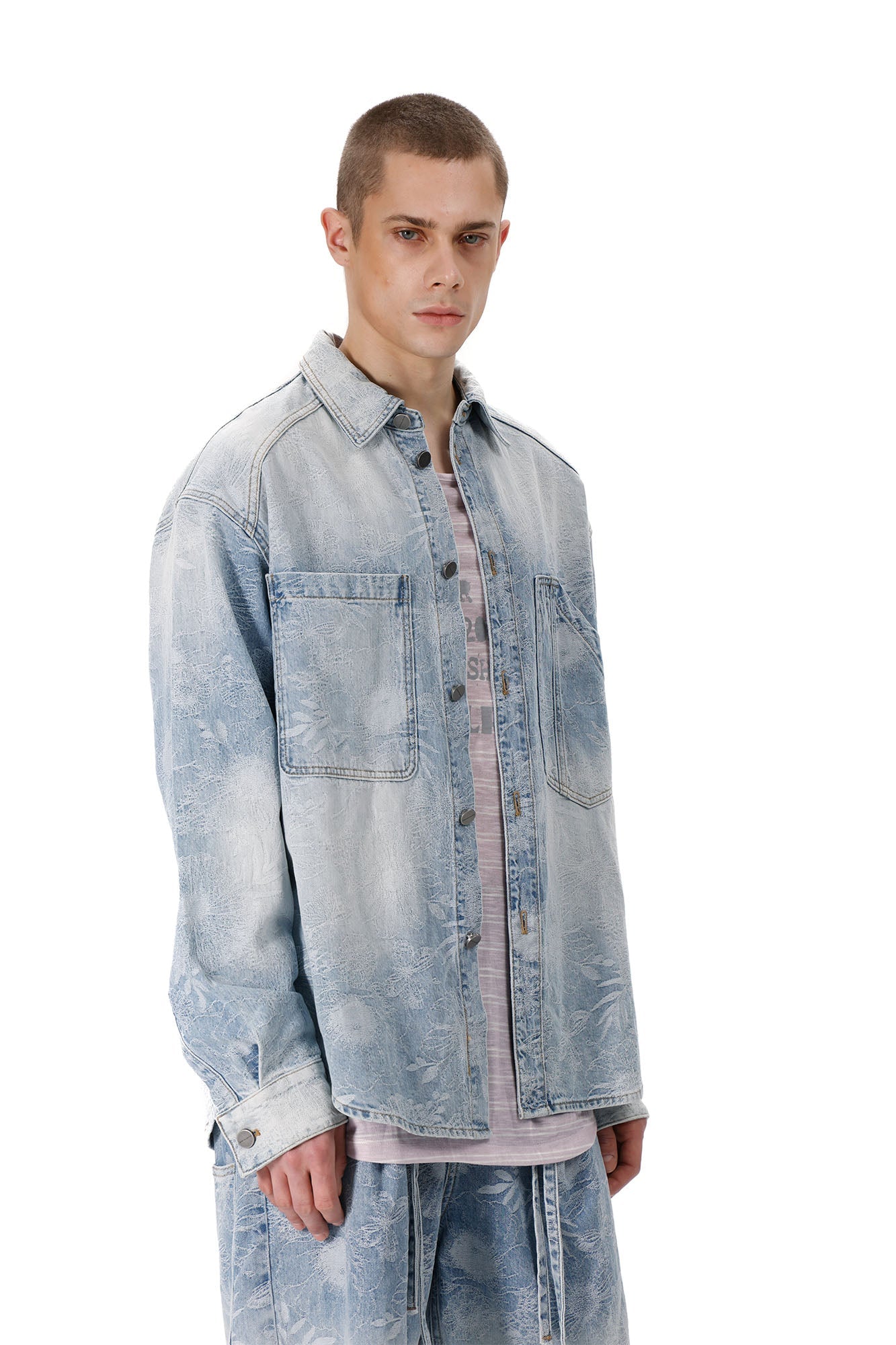 VANN VALRENCE Washed Floral Jacquard Denim Shirt-Shirt-S-Free Shipping Leatheretro