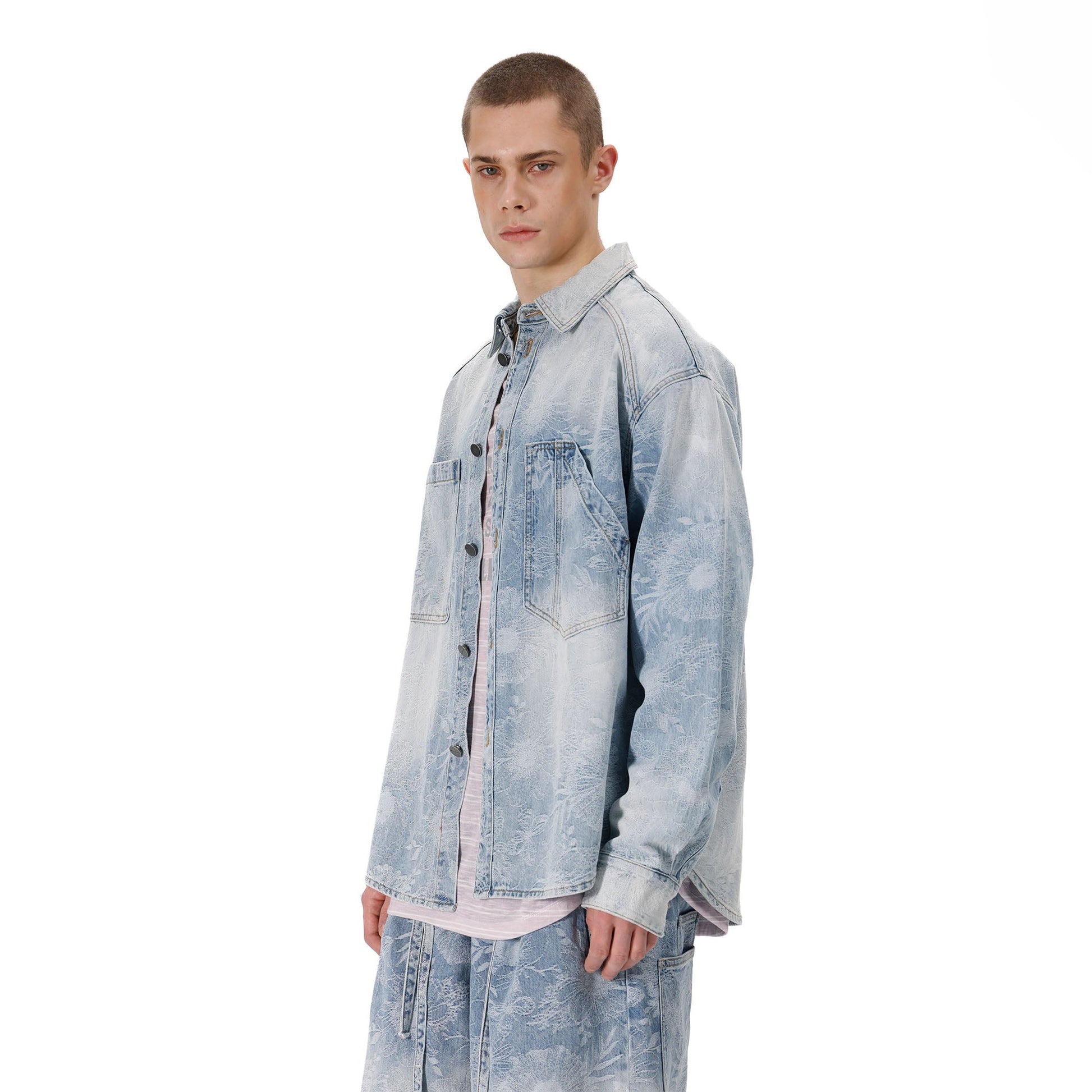 VANN VALRENCE Washed Floral Jacquard Denim Shirt-Shirt-S-Free Shipping Leatheretro
