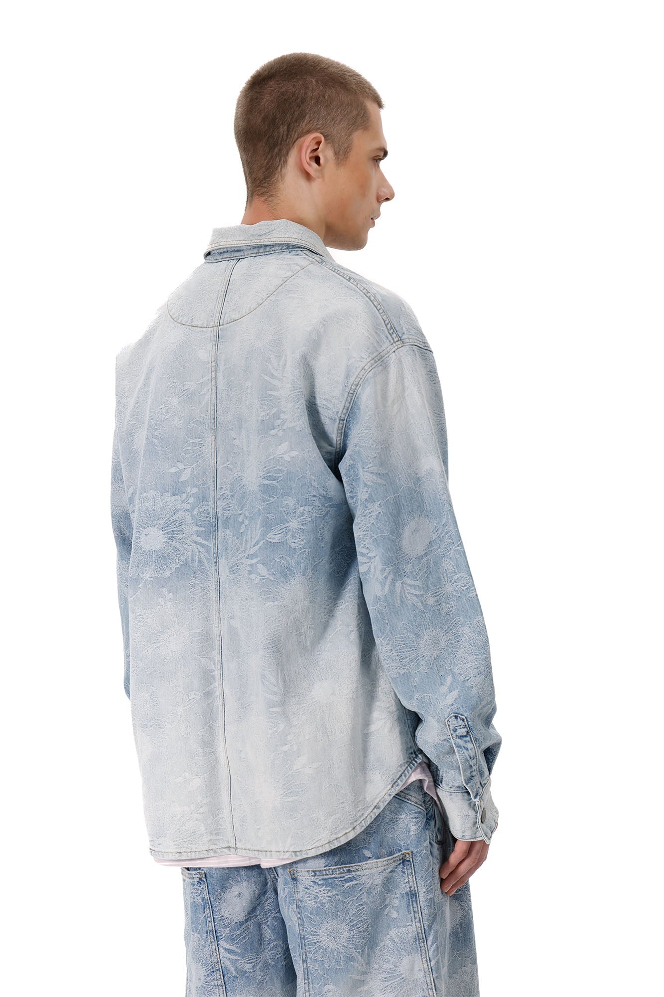 VANN VALRENCE Washed Floral Jacquard Denim Shirt-Shirt-S-Free Shipping Leatheretro