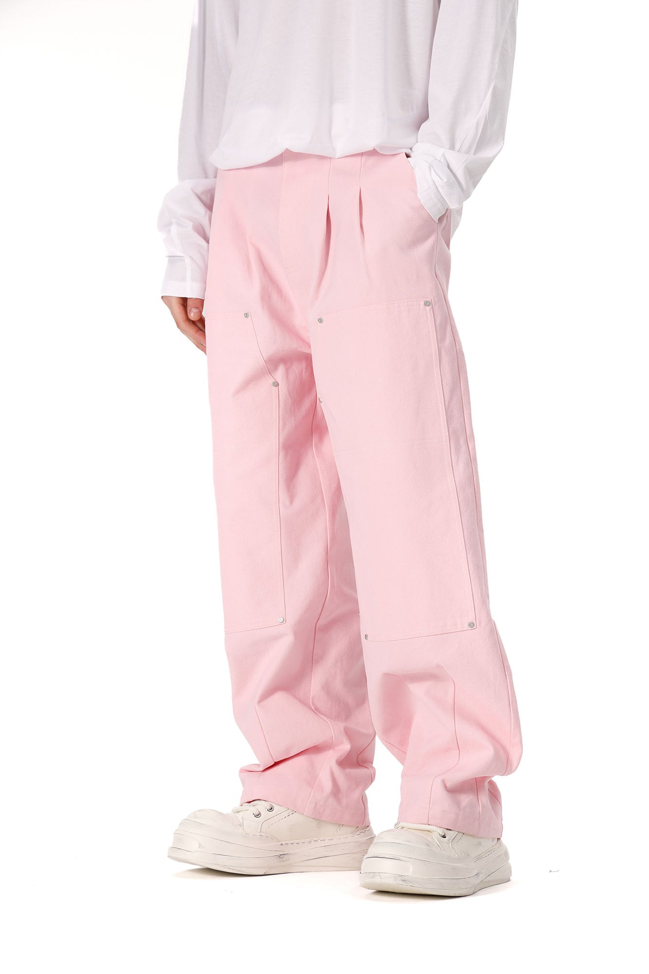 VANN VALRENCE Double-Knee Pleats Cotton Straight-Leg Pants-Pants-S-Free Shipping Leatheretro