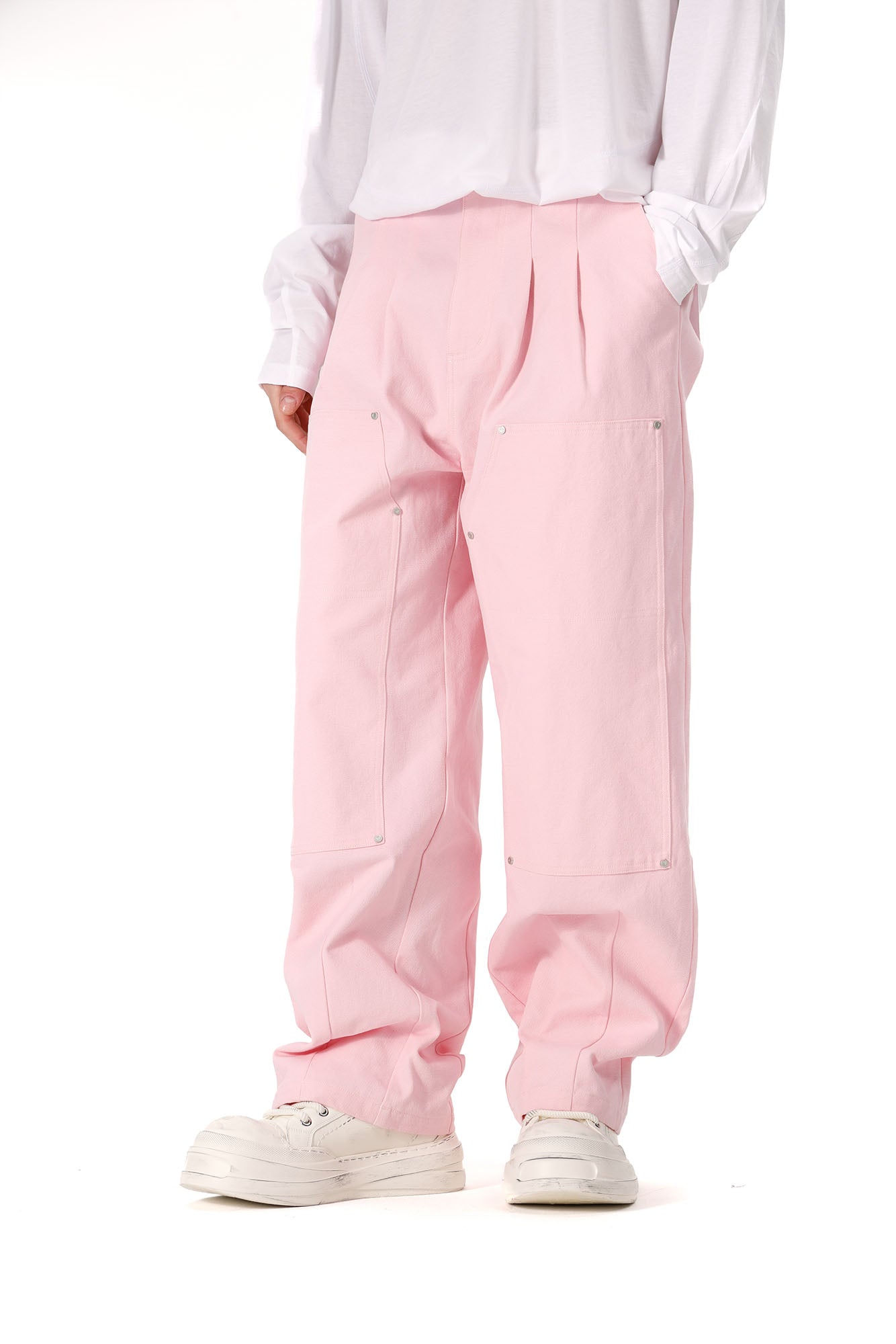 VANN VALRENCE Double-Knee Pleats Cotton Straight-Leg Pants-Pants-S-Free Shipping Leatheretro
