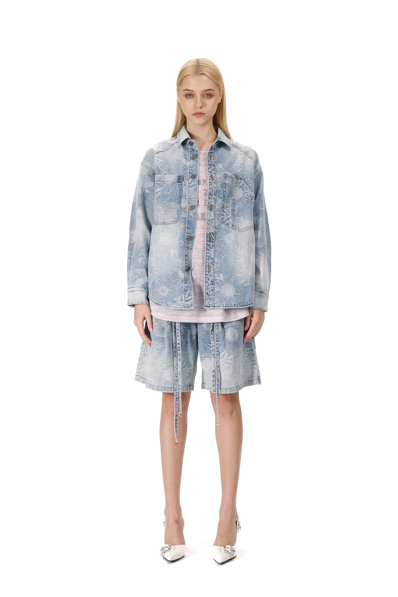 VANN VALRENCE Washed Floral Jacquard Denim Shirt-Shirt-S-Free Shipping Leatheretro