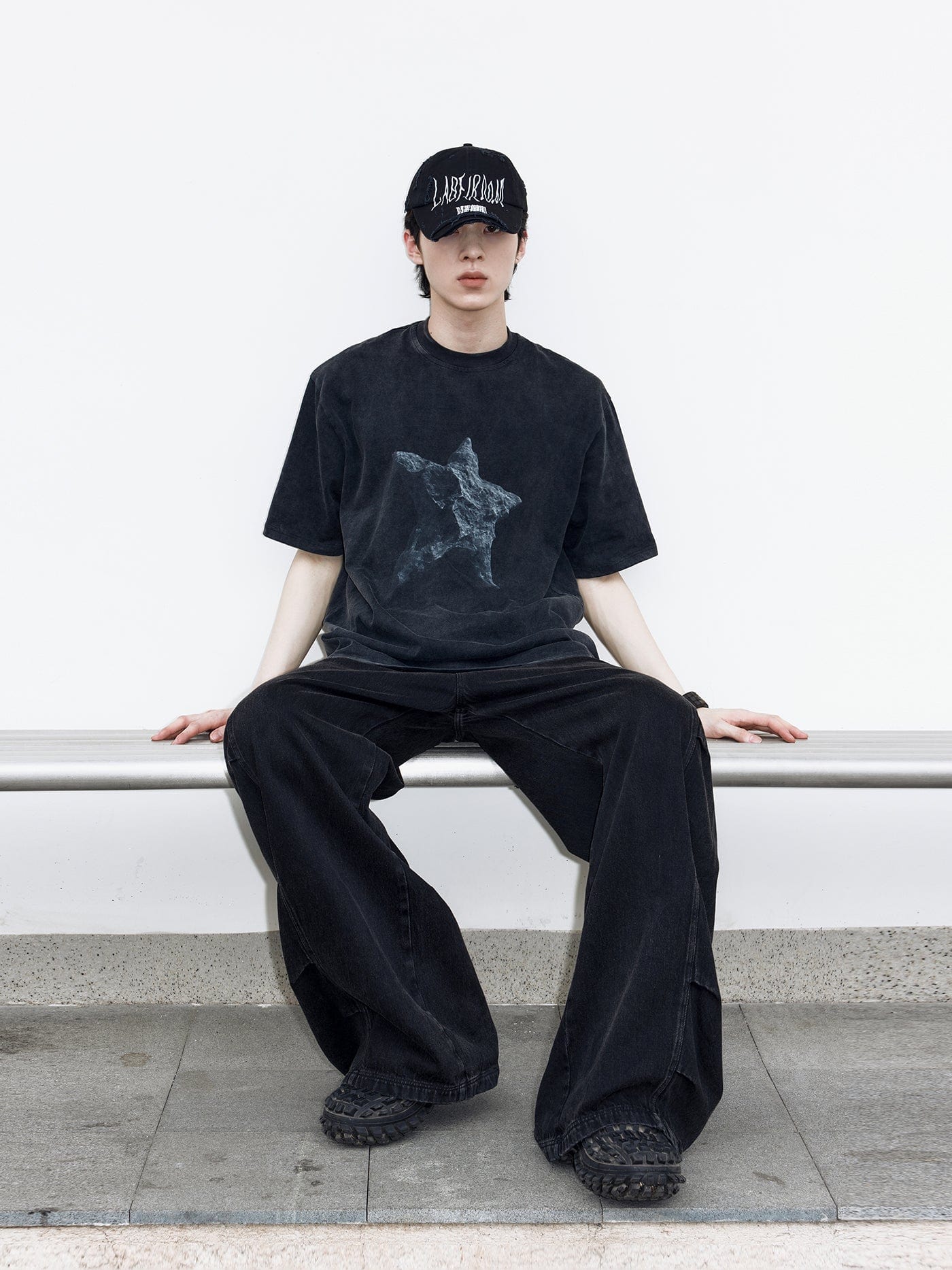 49PERCENT Black Star Stone Washed T-Shirt-T Shirt-XS-Free Shipping Leatheretro
