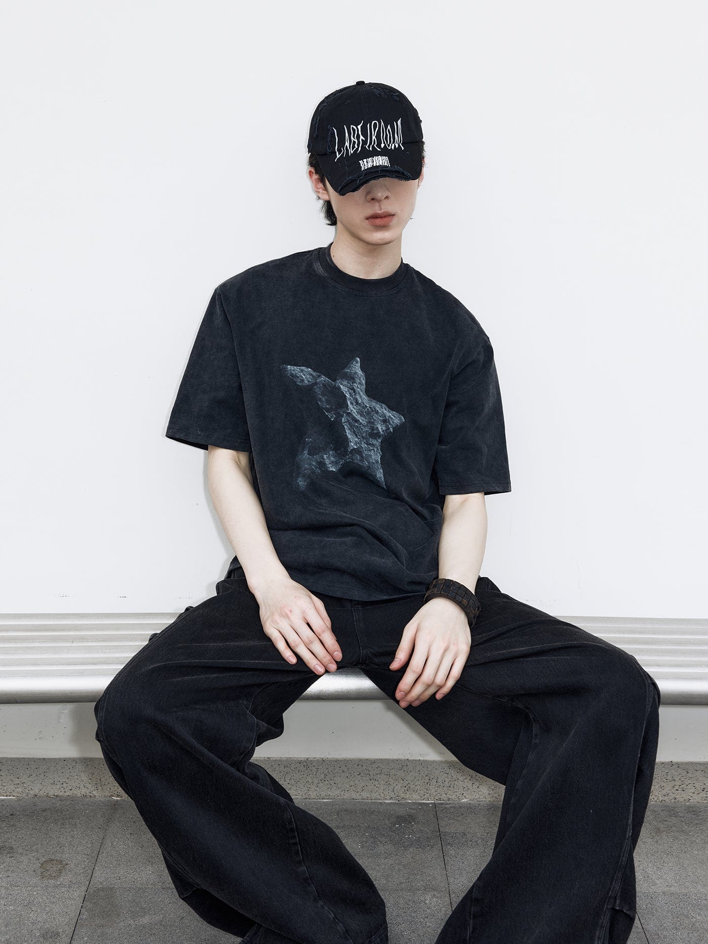 49PERCENT Black Star Stone Washed T-Shirt-T Shirt-XS-Free Shipping Leatheretro