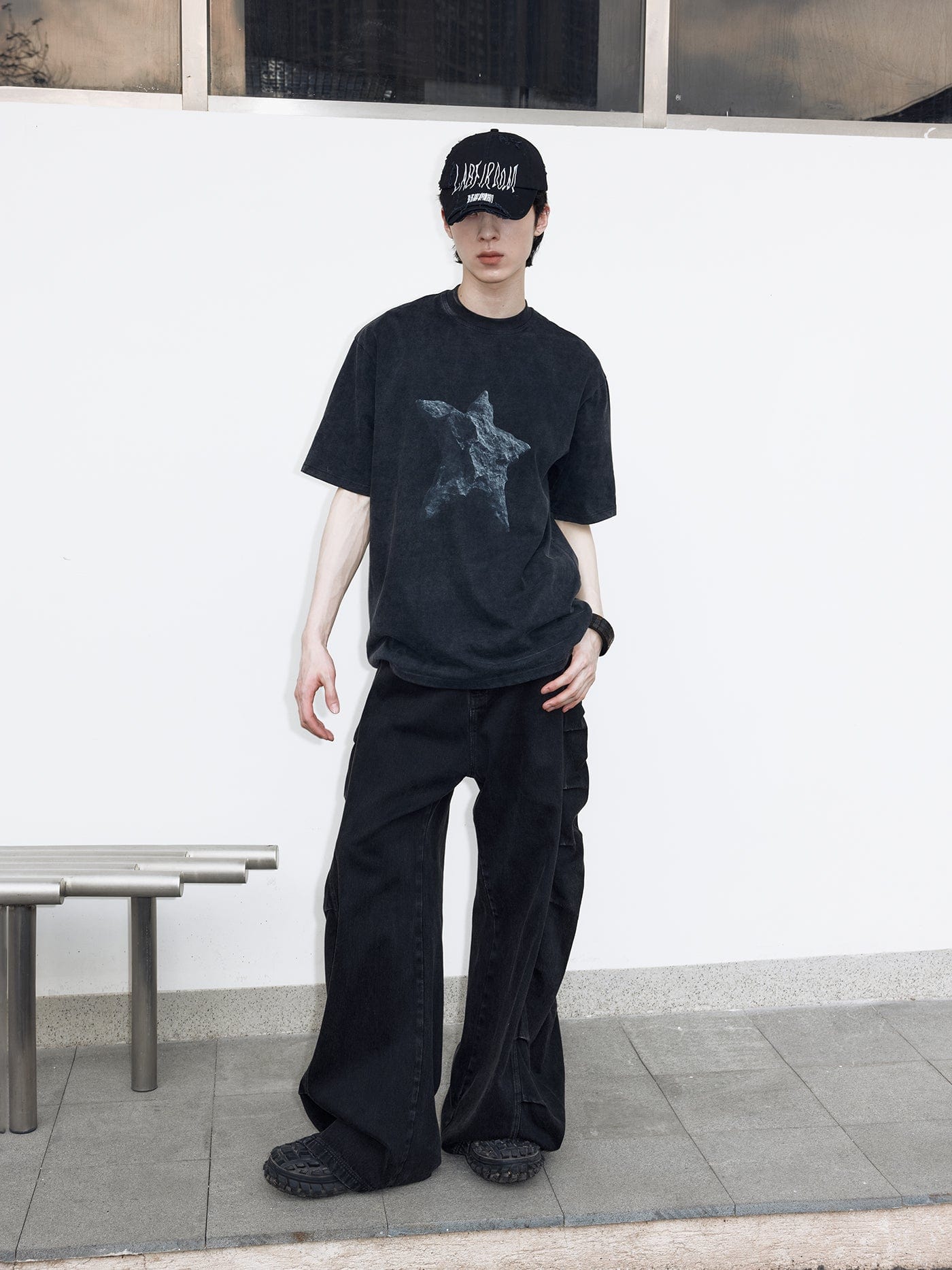 49PERCENT Black Star Stone Washed T-Shirt-T Shirt-XS-Free Shipping Leatheretro