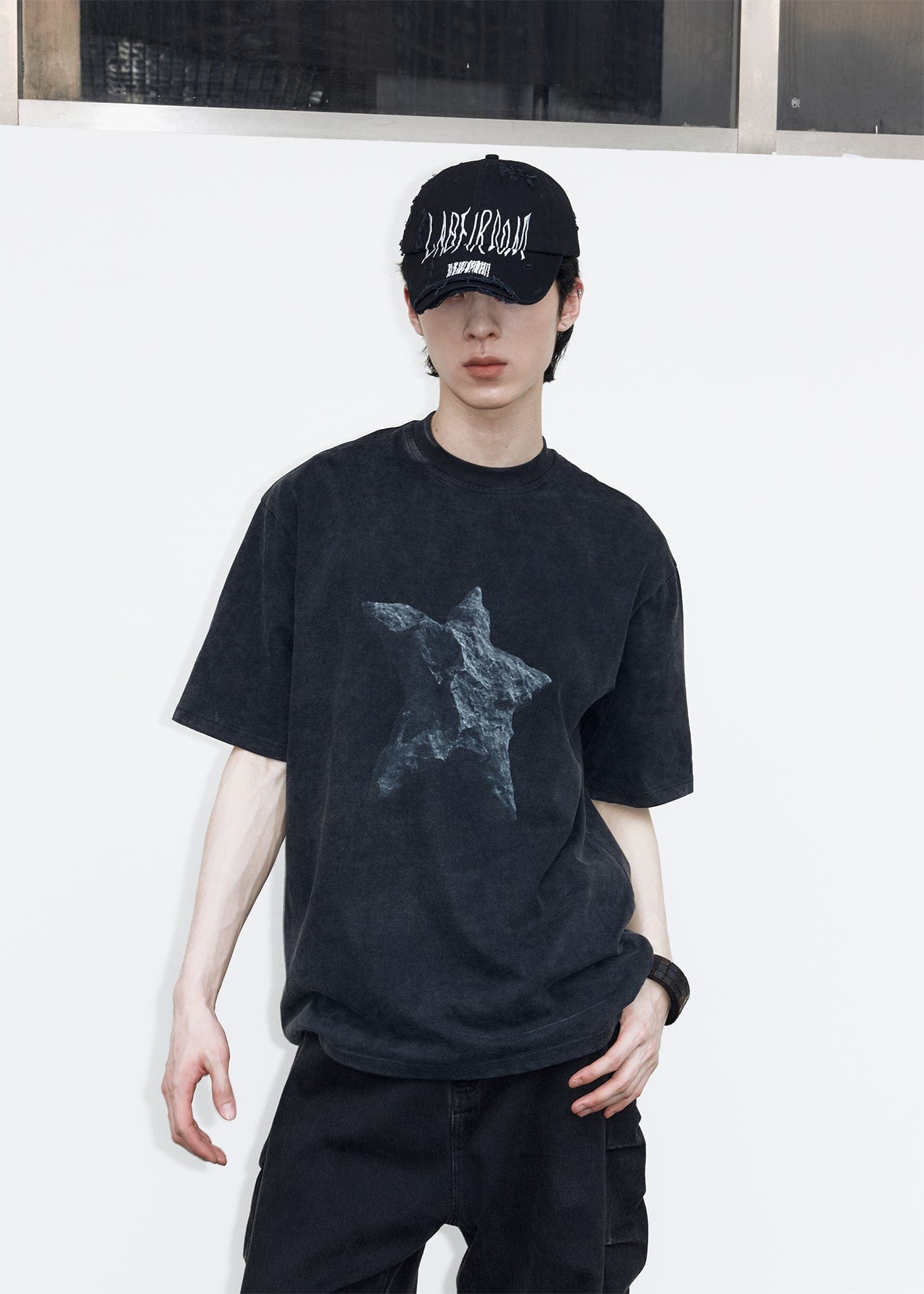 49PERCENT Black Star Stone Washed T-Shirt-T Shirt-XS-Free Shipping Leatheretro