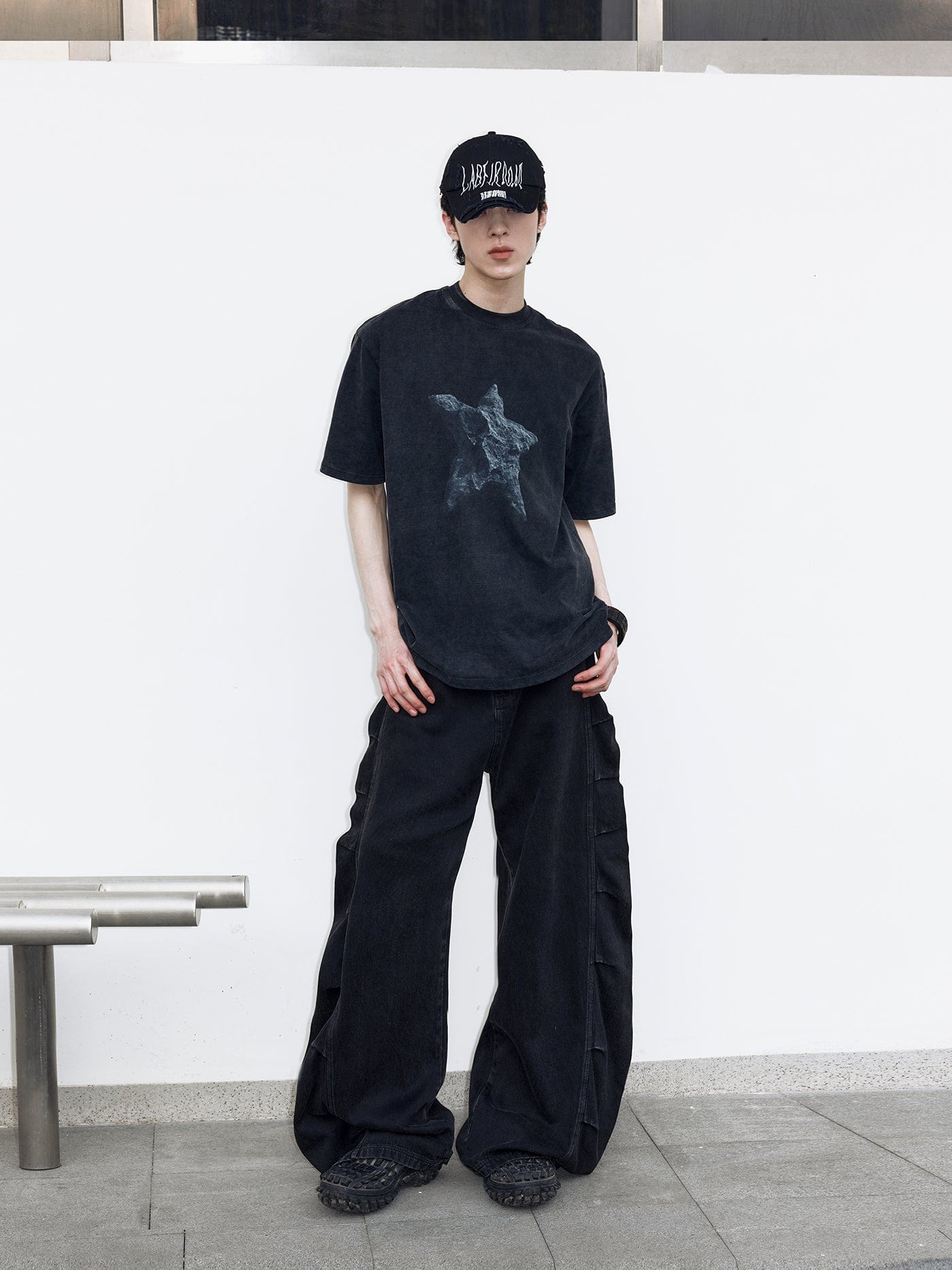 49PERCENT Black Star Stone Washed T-Shirt-T Shirt-XS-Free Shipping Leatheretro