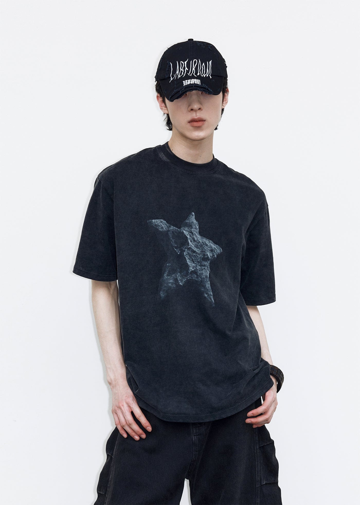 49PERCENT Black Star Stone Washed T-Shirt-T Shirt-XS-Free Shipping Leatheretro