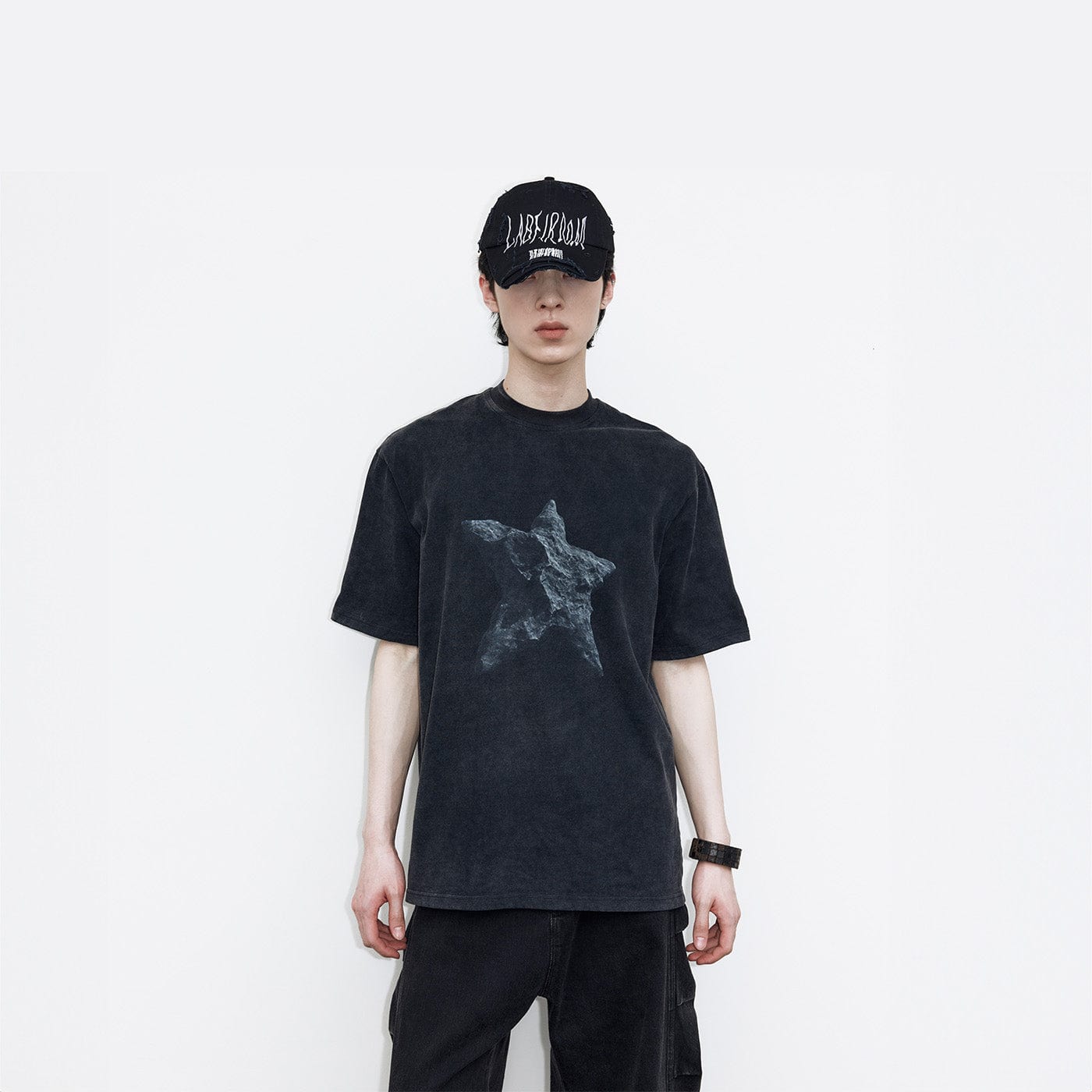 49PERCENT Black Star Stone Washed T-Shirt-T Shirt-XS-Free Shipping Leatheretro