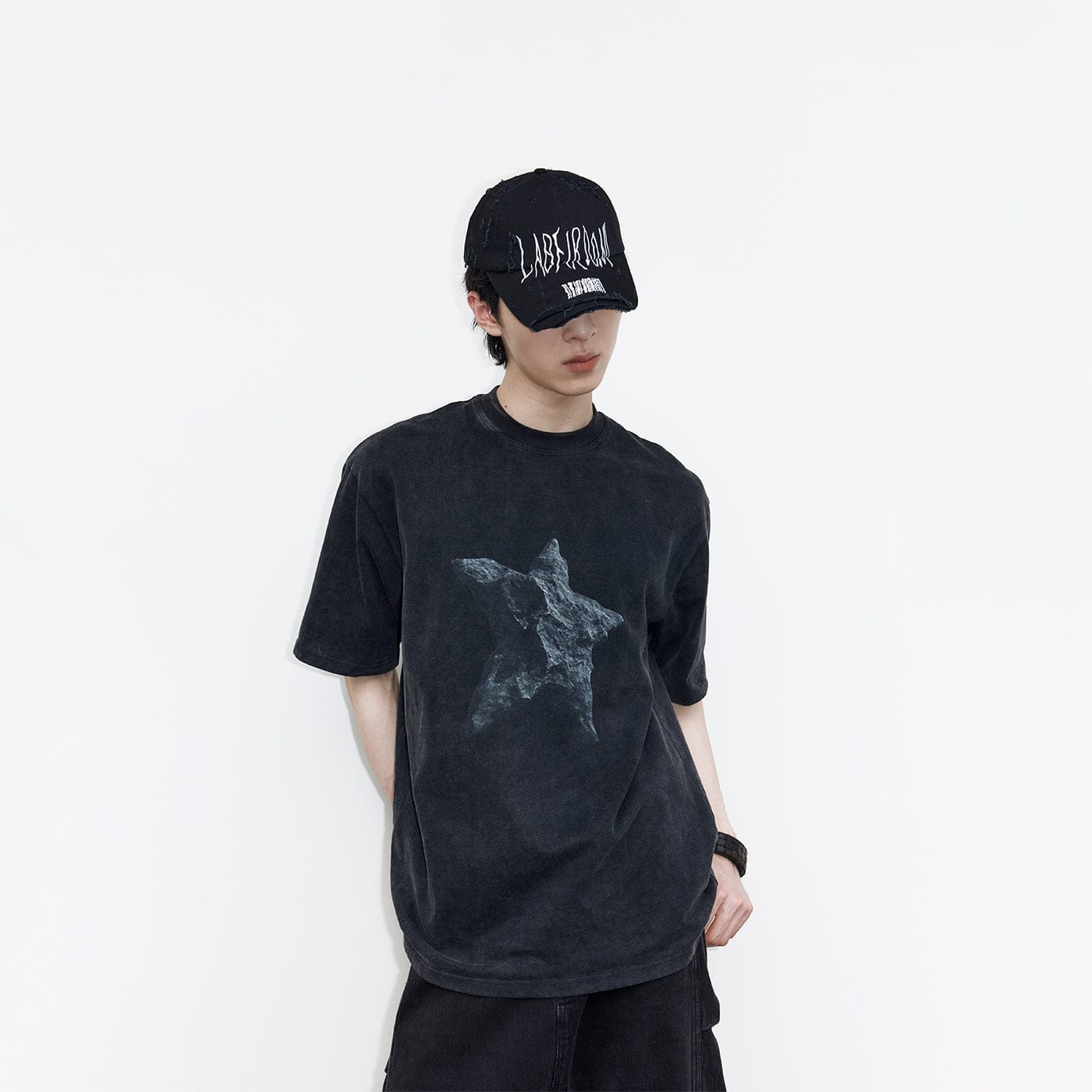 49PERCENT Black Star Stone Washed T-Shirt-T Shirt-XS-Free Shipping Leatheretro