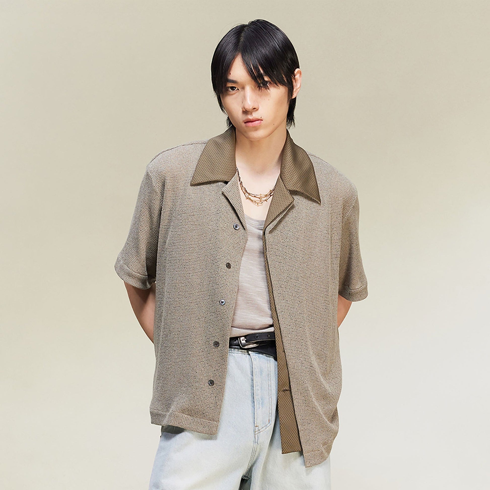 ALVNG AR ANTS Contrast Collar Knitted Texture Half Shirt-Half shirt-S-Gray-Free Shipping Leatheretro