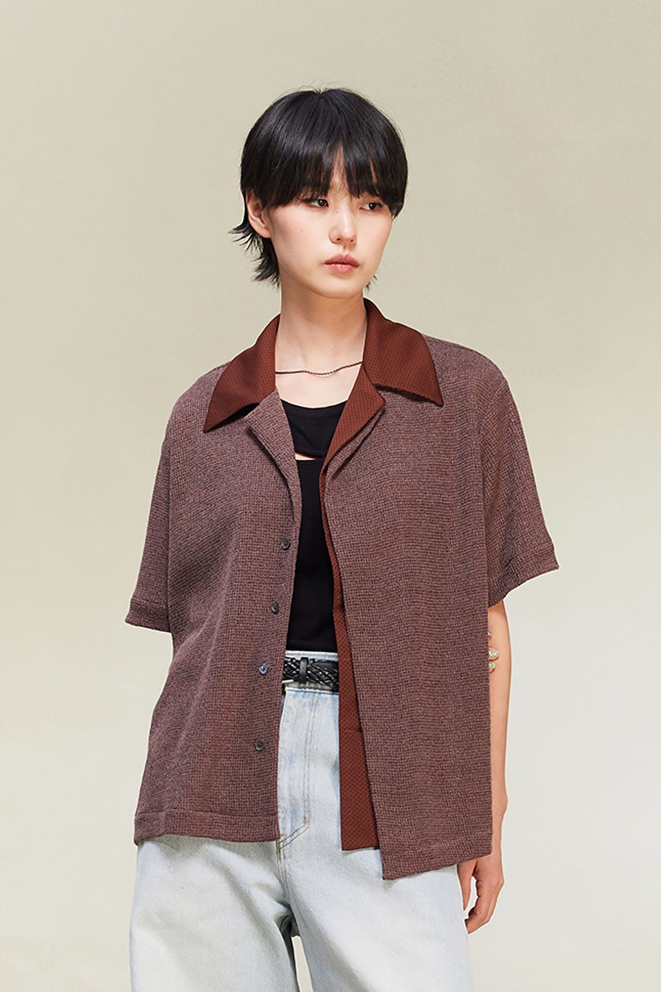 ALVNG AR ANTS Contrast Collar Knitted Texture Half Shirt-Half shirt-S-Gray-Free Shipping Leatheretro