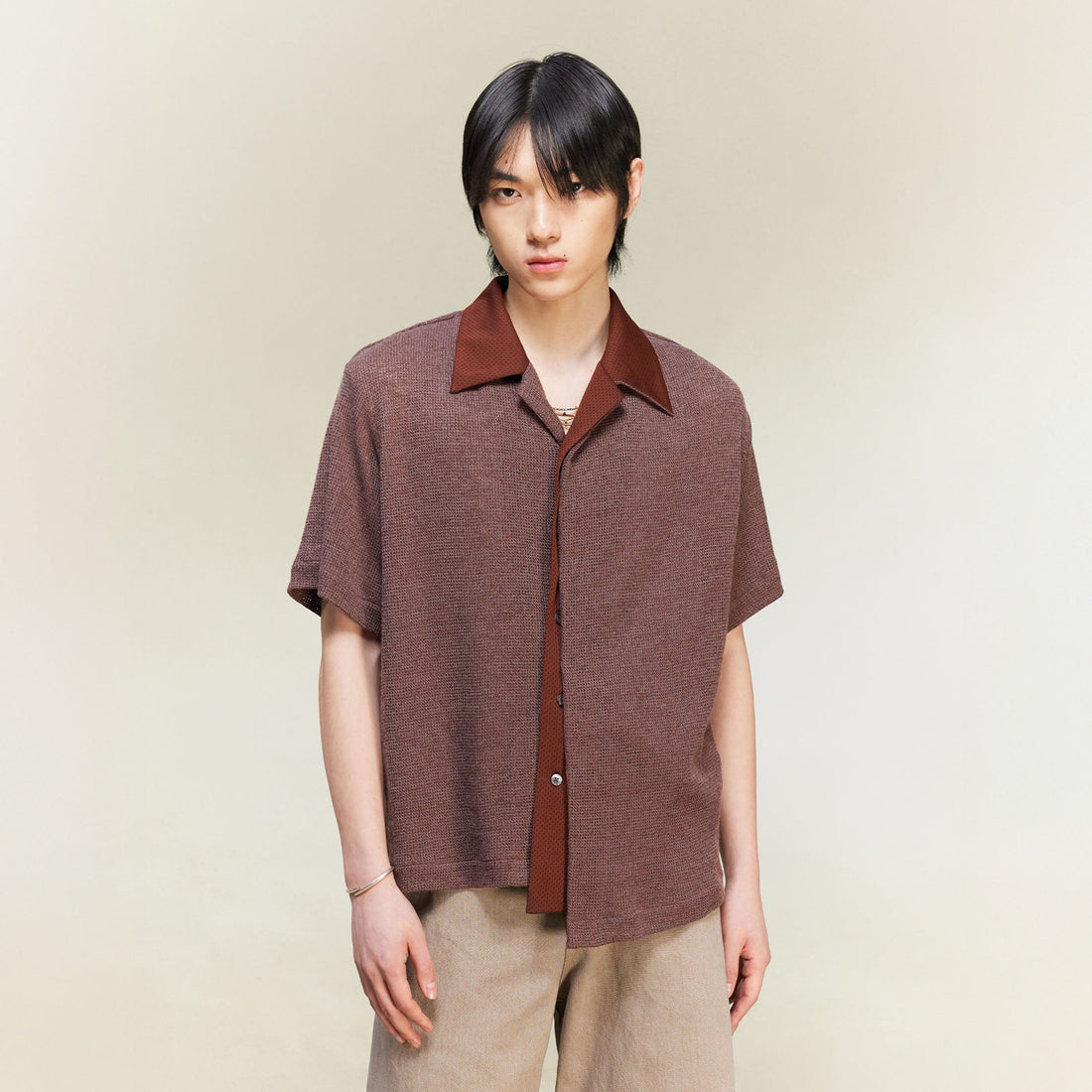 ALVNG AR ANTS Contrast Collar Knitted Texture Half Shirt-Half shirt-S-Gray-Free Shipping Leatheretro