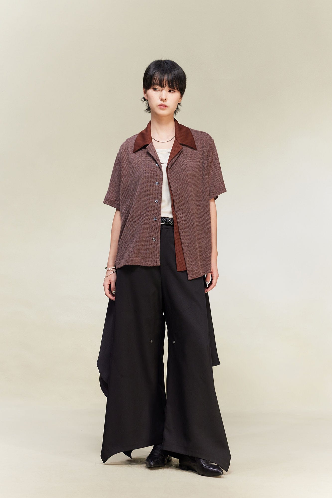 ALVNG AR ANTS Contrast Collar Knitted Texture Half Shirt-Half shirt-S-Gray-Free Shipping Leatheretro