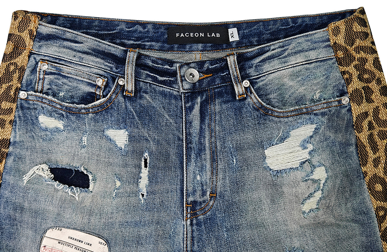 FACEONLAB Leopard Panel Distressed Straight-Leg Jeans-Jeans-M (preorder)-Free Shipping Leatheretro