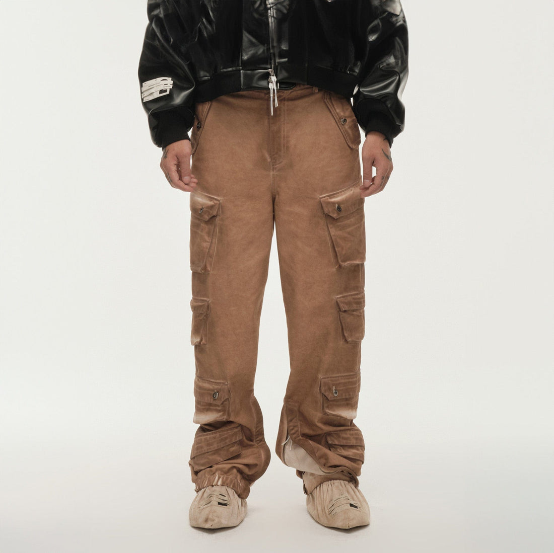 LIFEGOESON Distressed Multi-Pocket Layered Cargo Pants Earth-Pants-M-Free Shipping Leatheretro