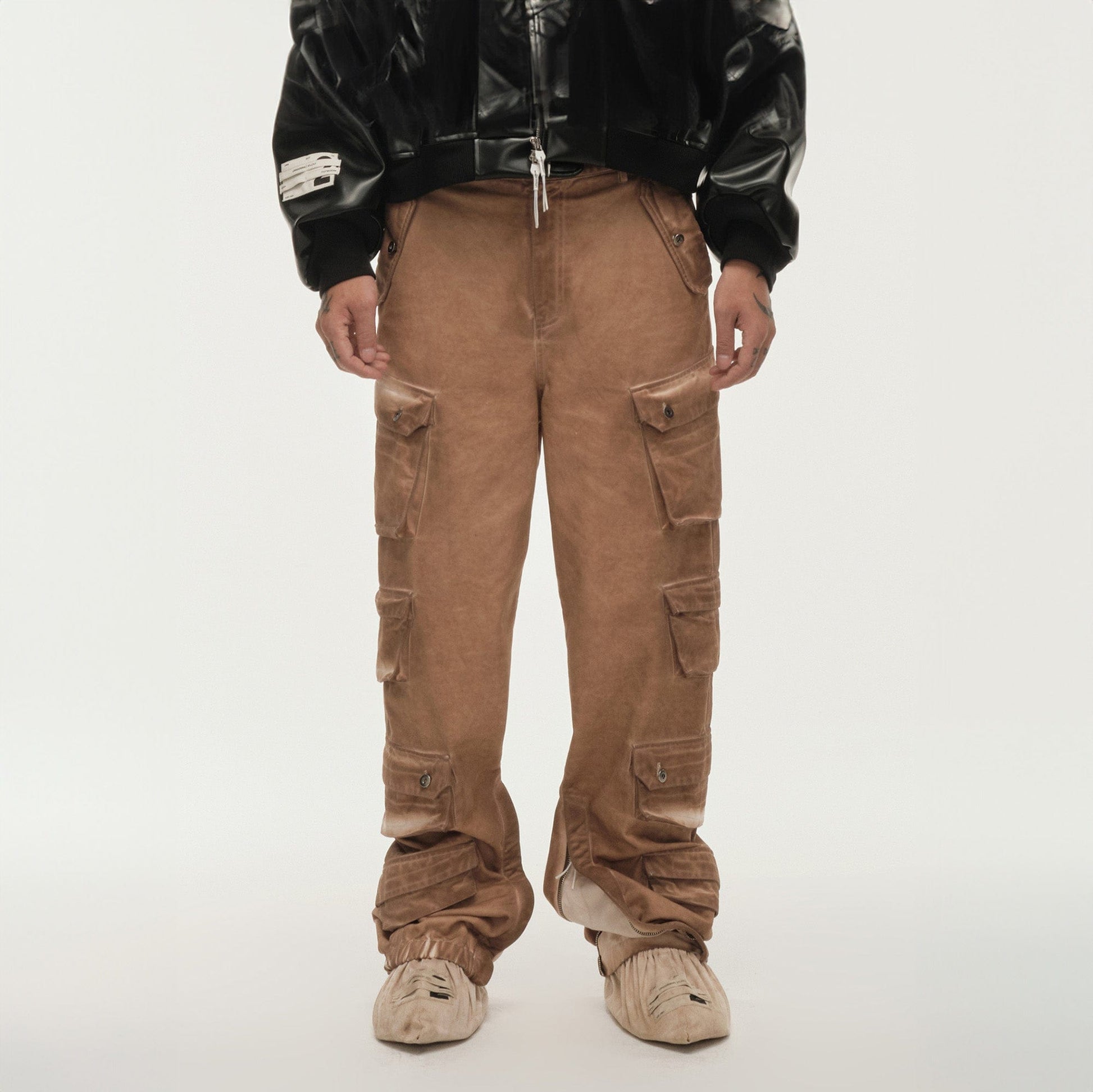 LIFEGOESON Distressed Multi-Pocket Layered Cargo Pants Earth-Pants-M-Free Shipping Leatheretro