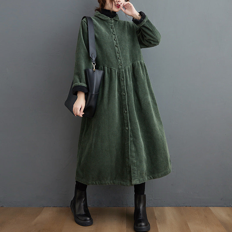 Clearance- Vintage Solid Corduroy Lapel Dress-Maxi Dress-Green-Free Size-Free Shipping Leatheretro