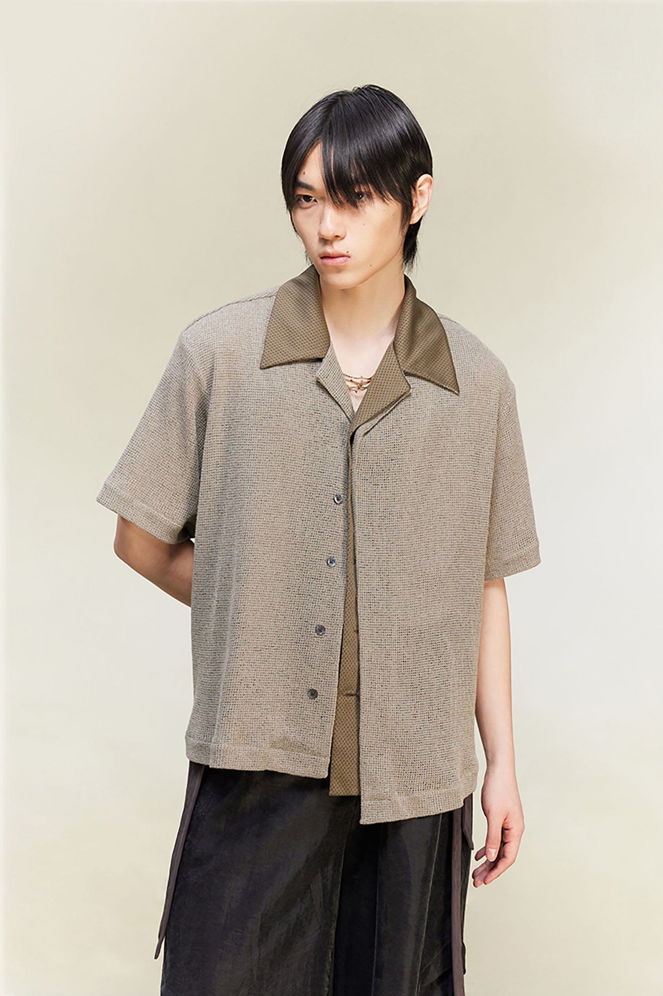 ALVNG AR ANTS Contrast Collar Knitted Texture Half Shirt-Half shirt-S-Gray-Free Shipping Leatheretro