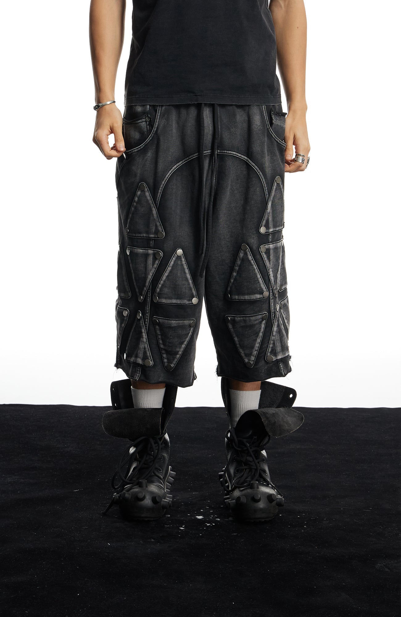 DND4DES Washed Geometric Panel Shorts-Shorts-S (Preorder)-Free Shipping Leatheretro