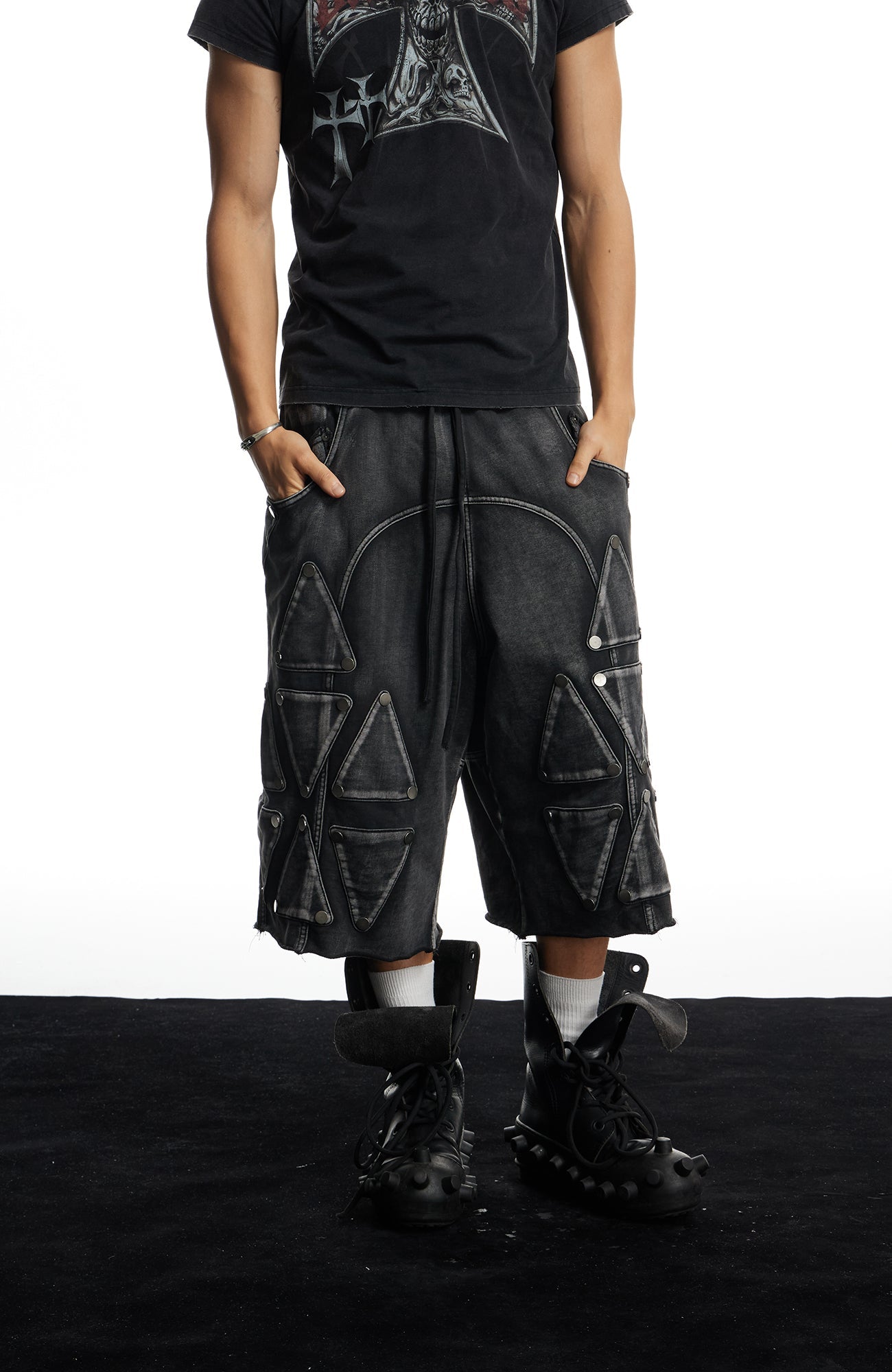 DND4DES Washed Geometric Panel Shorts-Shorts-S (Preorder)-Free Shipping Leatheretro