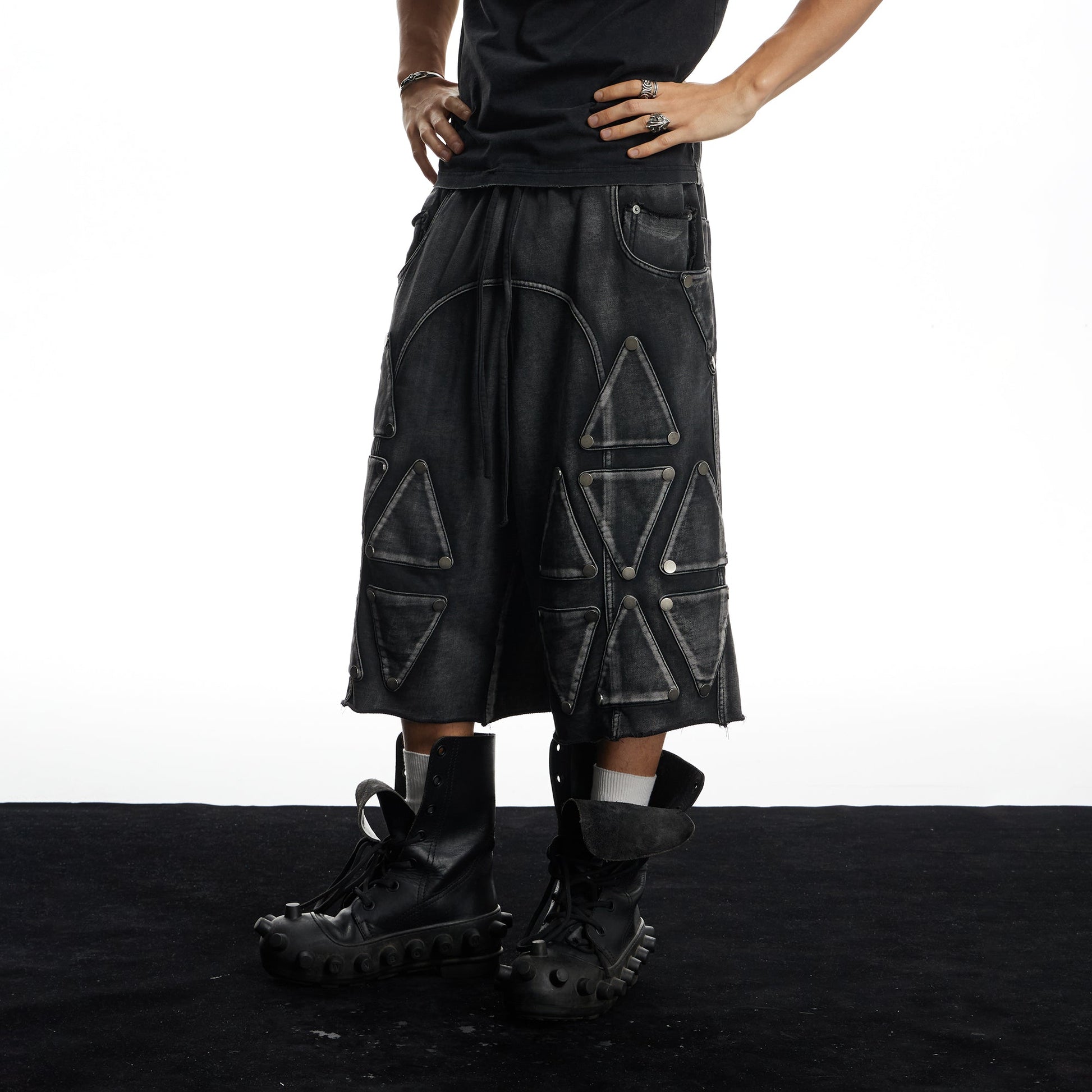 DND4DES Washed Geometric Panel Shorts-Shorts-S (Preorder)-Free Shipping Leatheretro