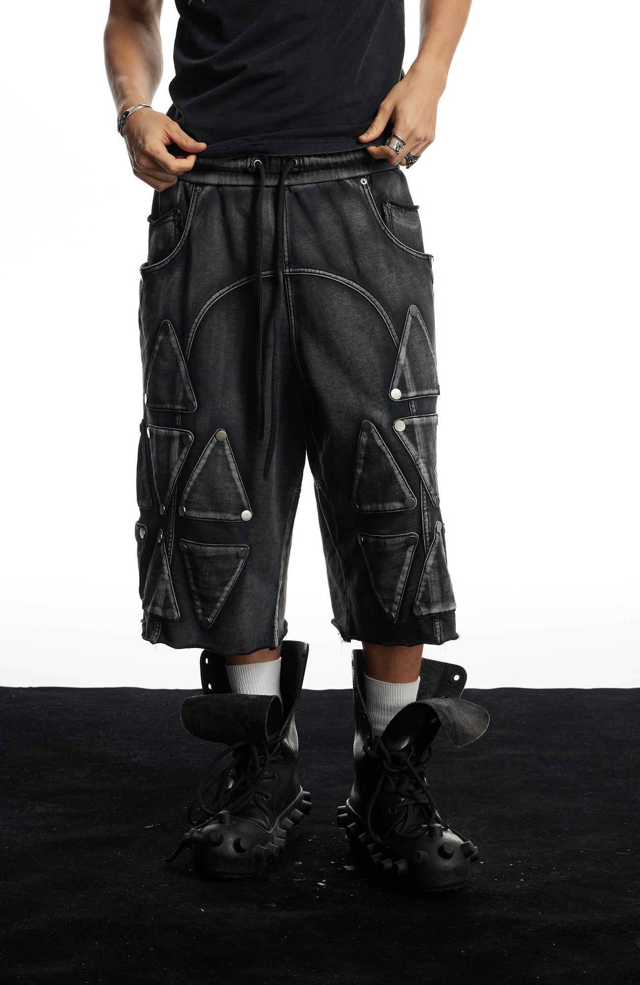 DND4DES Washed Geometric Panel Shorts-Shorts-S (Preorder)-Free Shipping Leatheretro