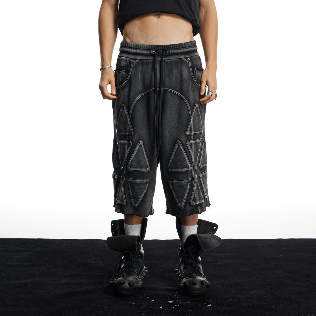DND4DES Washed Geometric Panel Shorts-Shorts-S (Preorder)-Free Shipping Leatheretro