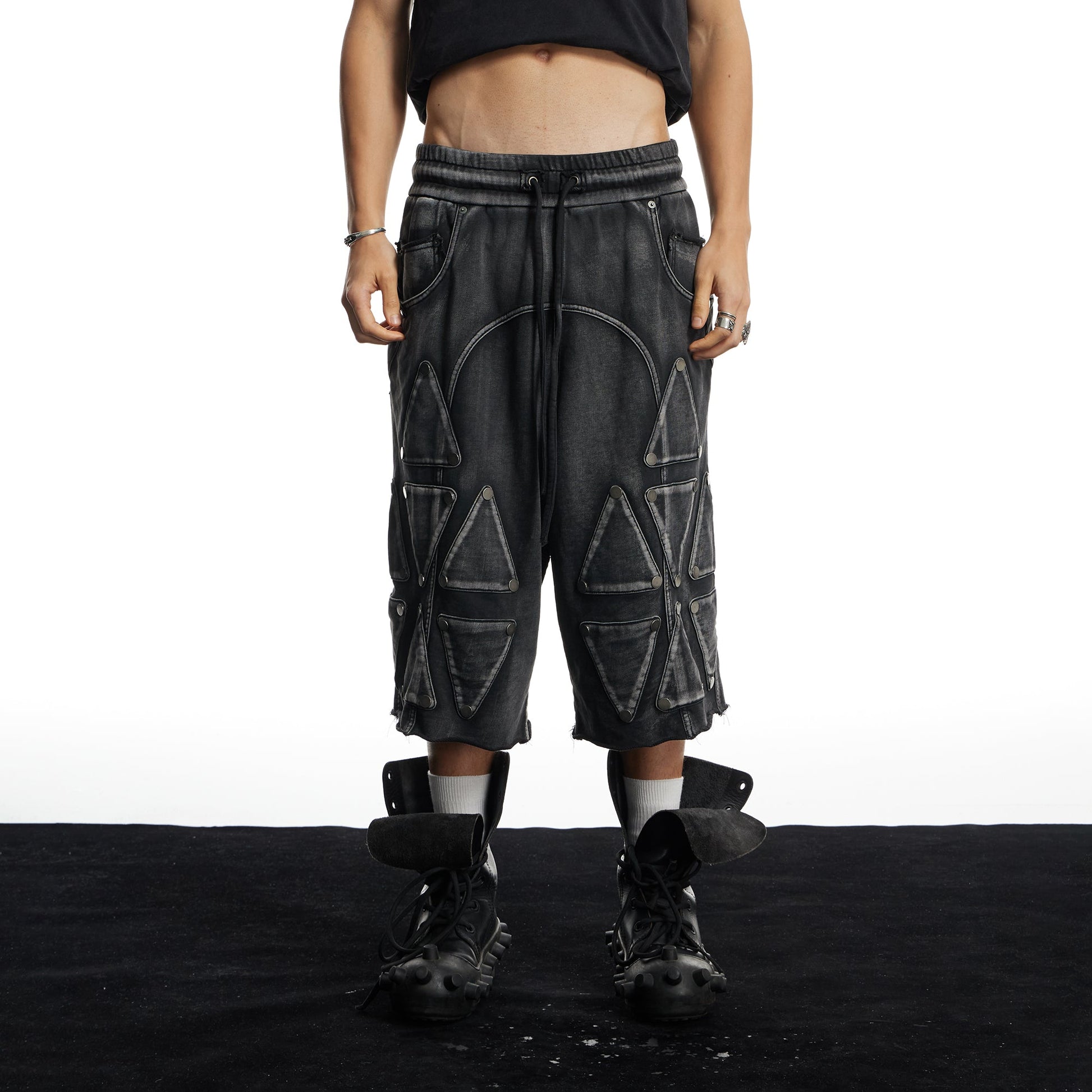 DND4DES Washed Geometric Panel Shorts-Shorts-S (Preorder)-Free Shipping Leatheretro