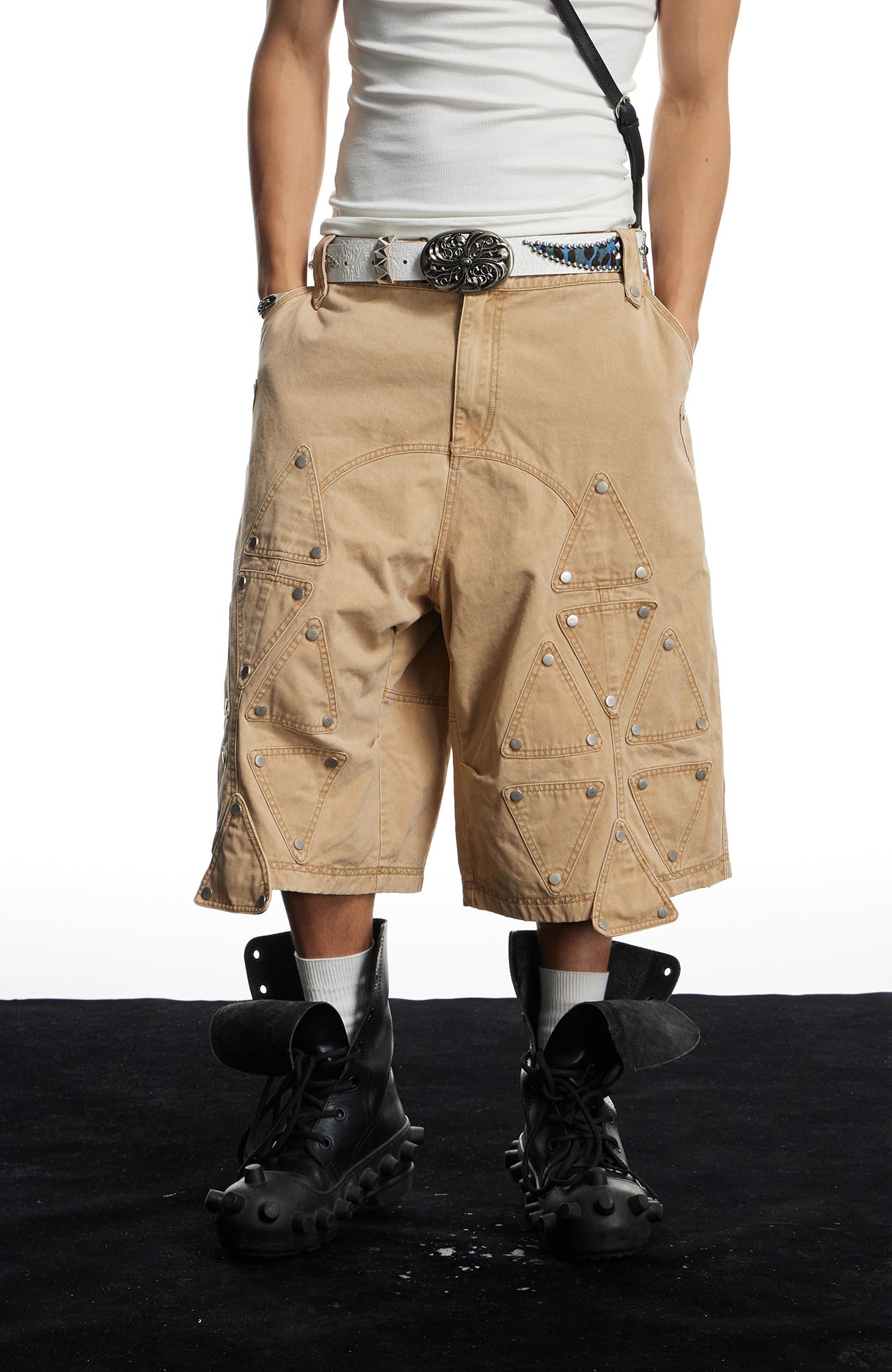 DND4DES Geometric Panel Studded Wide-Leg Shorts-Shorts-S (Preorder)-Free Shipping Leatheretro