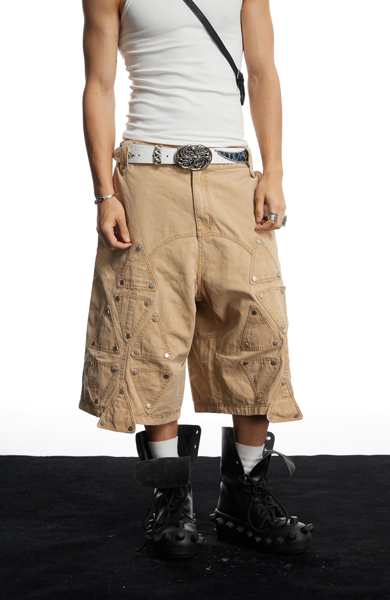 DND4DES Geometric Panel Studded Wide-Leg Shorts-Shorts-S (Preorder)-Free Shipping Leatheretro