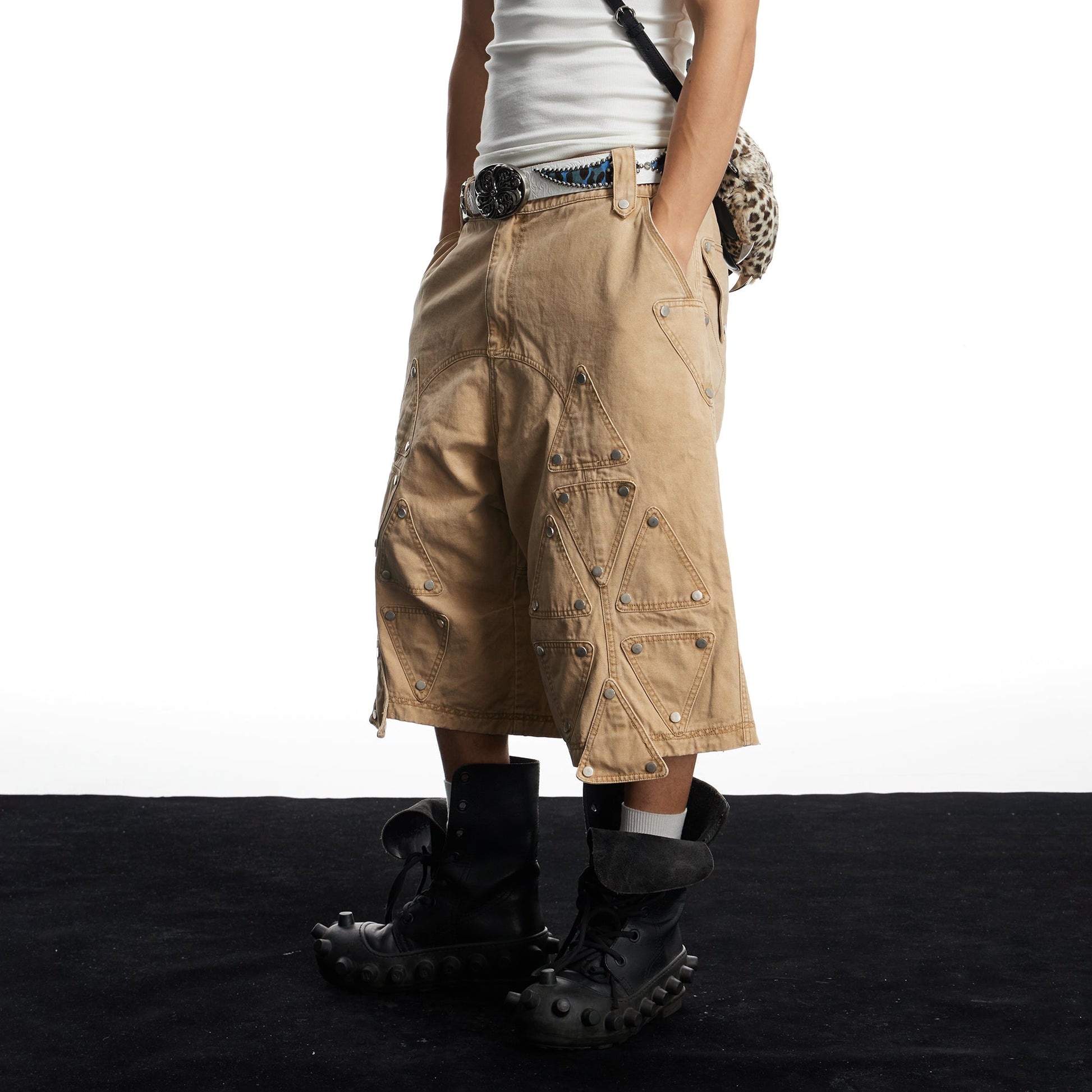 DND4DES Geometric Panel Studded Wide-Leg Shorts-Shorts-S (Preorder)-Free Shipping Leatheretro