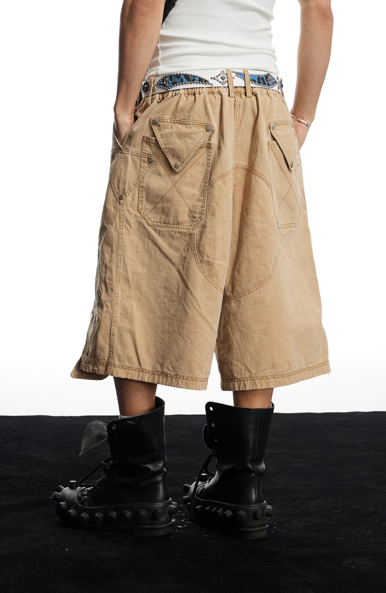 DND4DES Geometric Panel Studded Wide-Leg Shorts-Shorts-S (Preorder)-Free Shipping Leatheretro