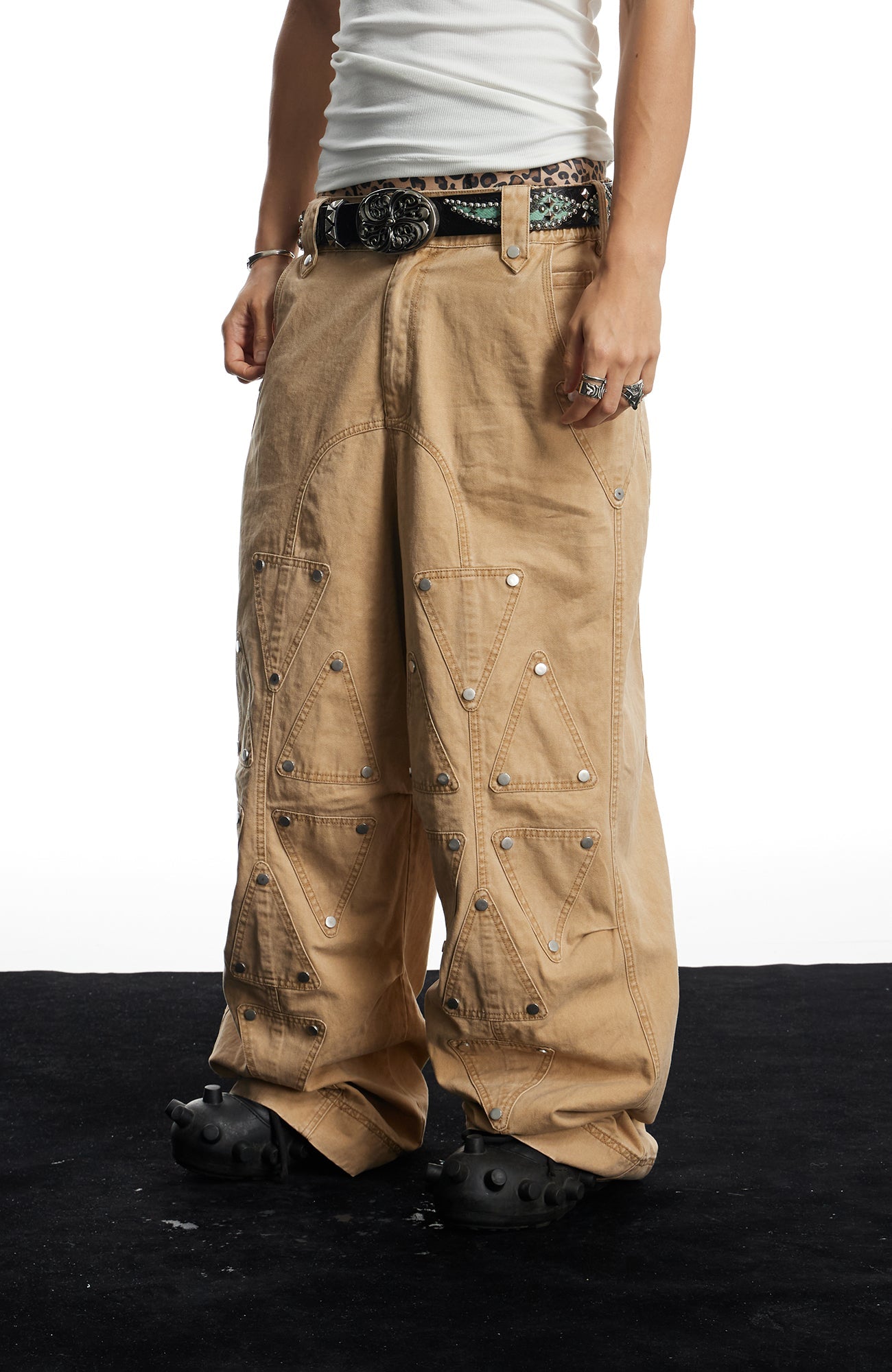 DND4DES Geometric Panel Studded Wide-Leg Pants-Pants-S (Preorder)-Free Shipping Leatheretro