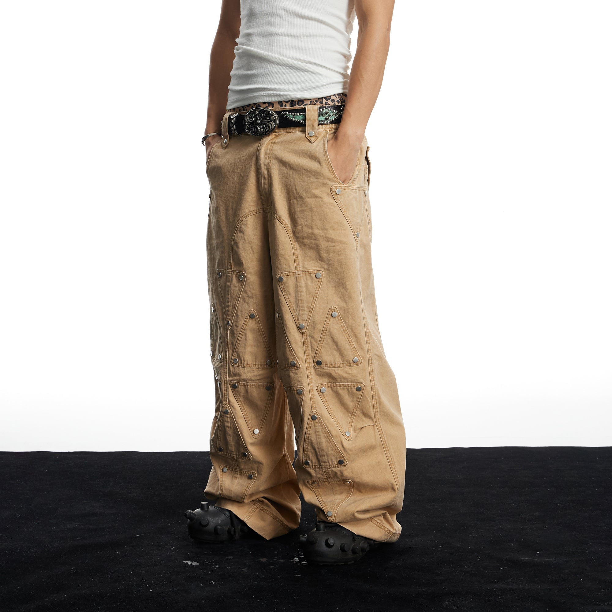 DND4DES Geometric Panel Studded Wide-Leg Pants-Pants-S (Preorder)-Free Shipping Leatheretro