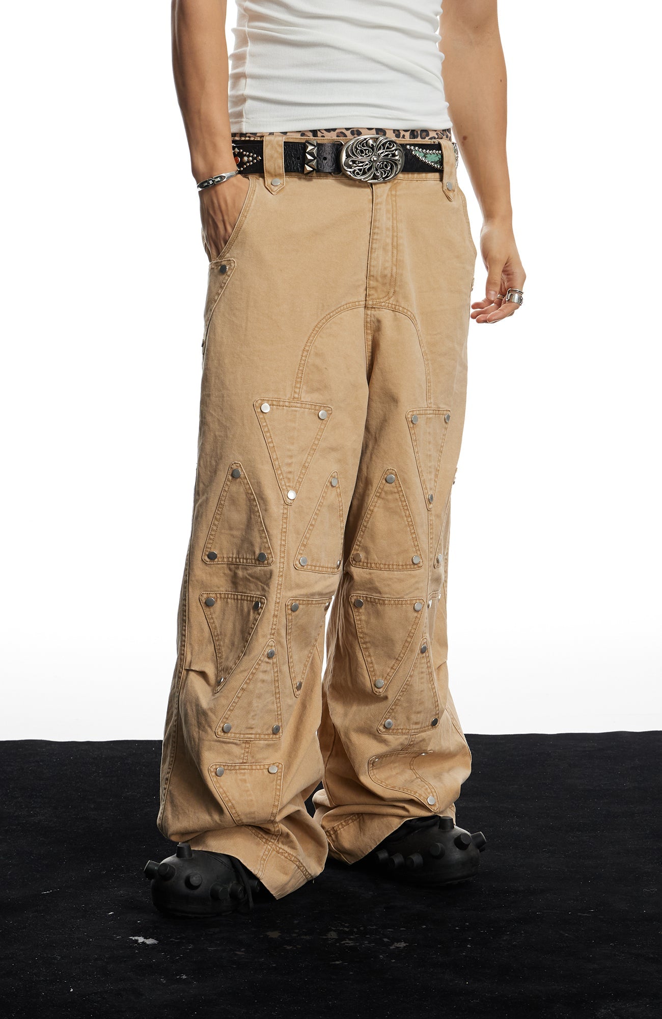 DND4DES Geometric Panel Studded Wide-Leg Pants-Pants-S (Preorder)-Free Shipping Leatheretro