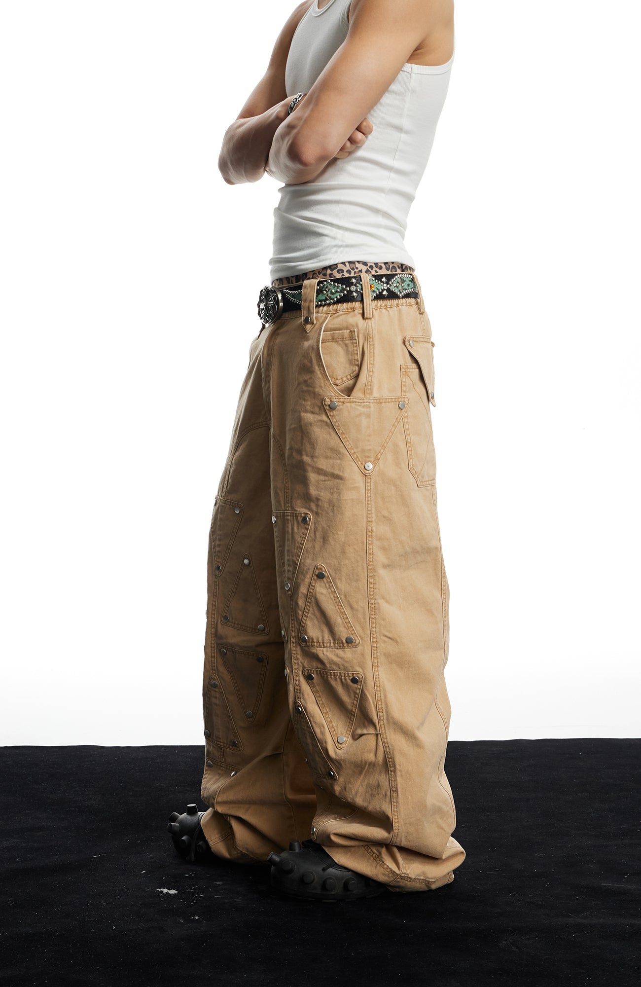 DND4DES Geometric Panel Studded Wide-Leg Pants-Pants-S (Preorder)-Free Shipping Leatheretro