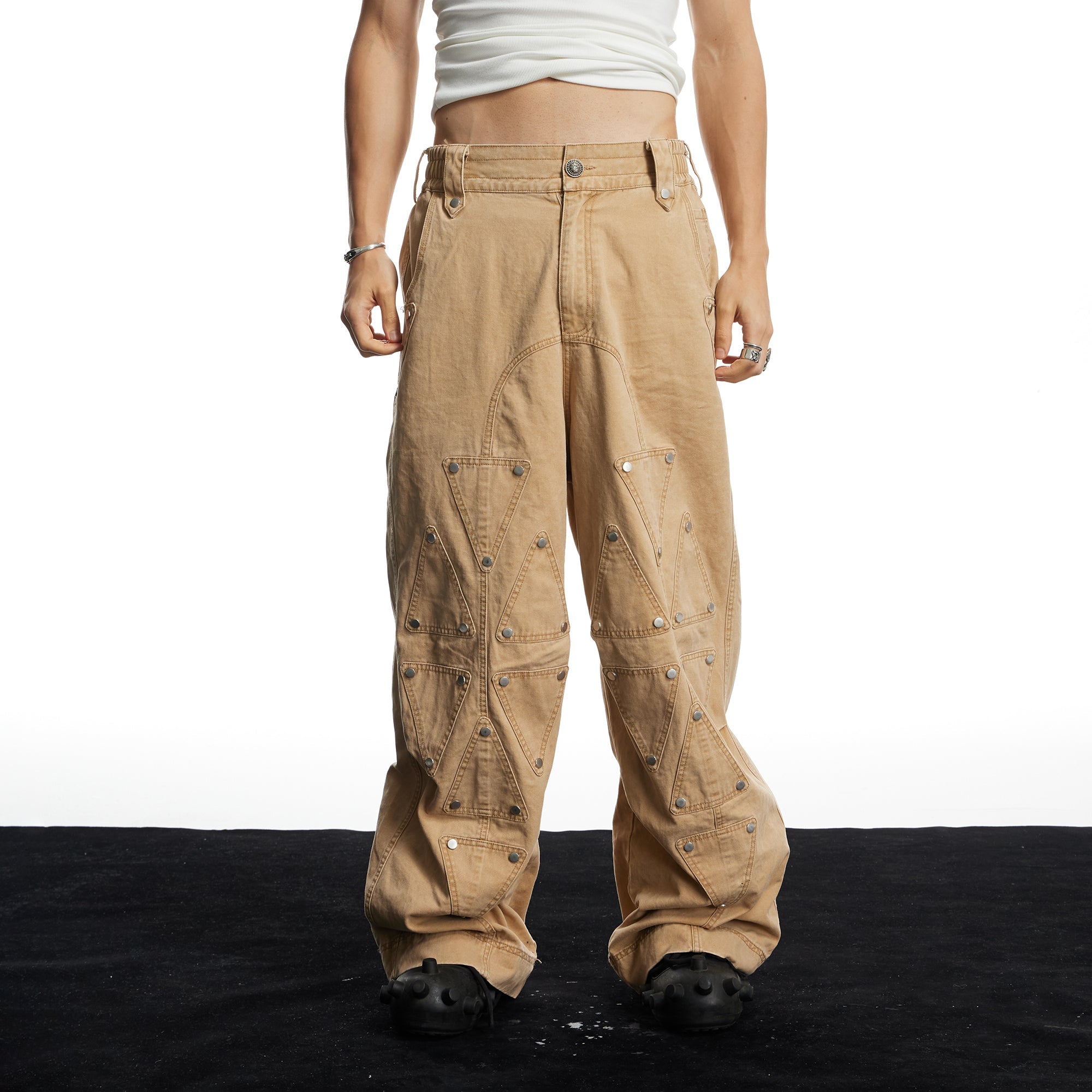 DND4DES Geometric Panel Studded Wide-Leg Pants-Pants-S (Preorder)-Free Shipping Leatheretro