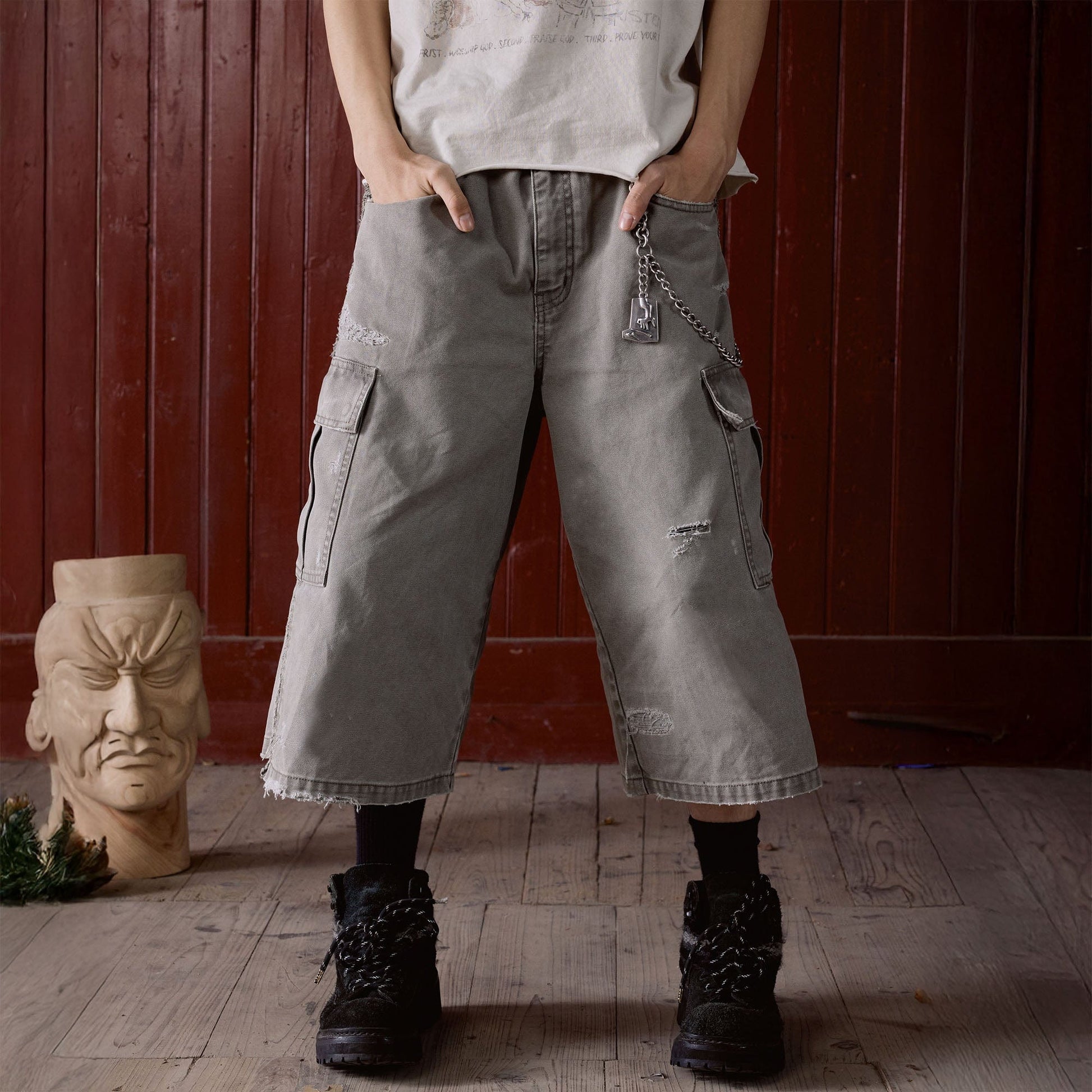 IN EXISTENCE Distressed Multi-Pocket Straight-Leg Cargo Shorts-Shorts-S-Gray-Free Shipping Leatheretro