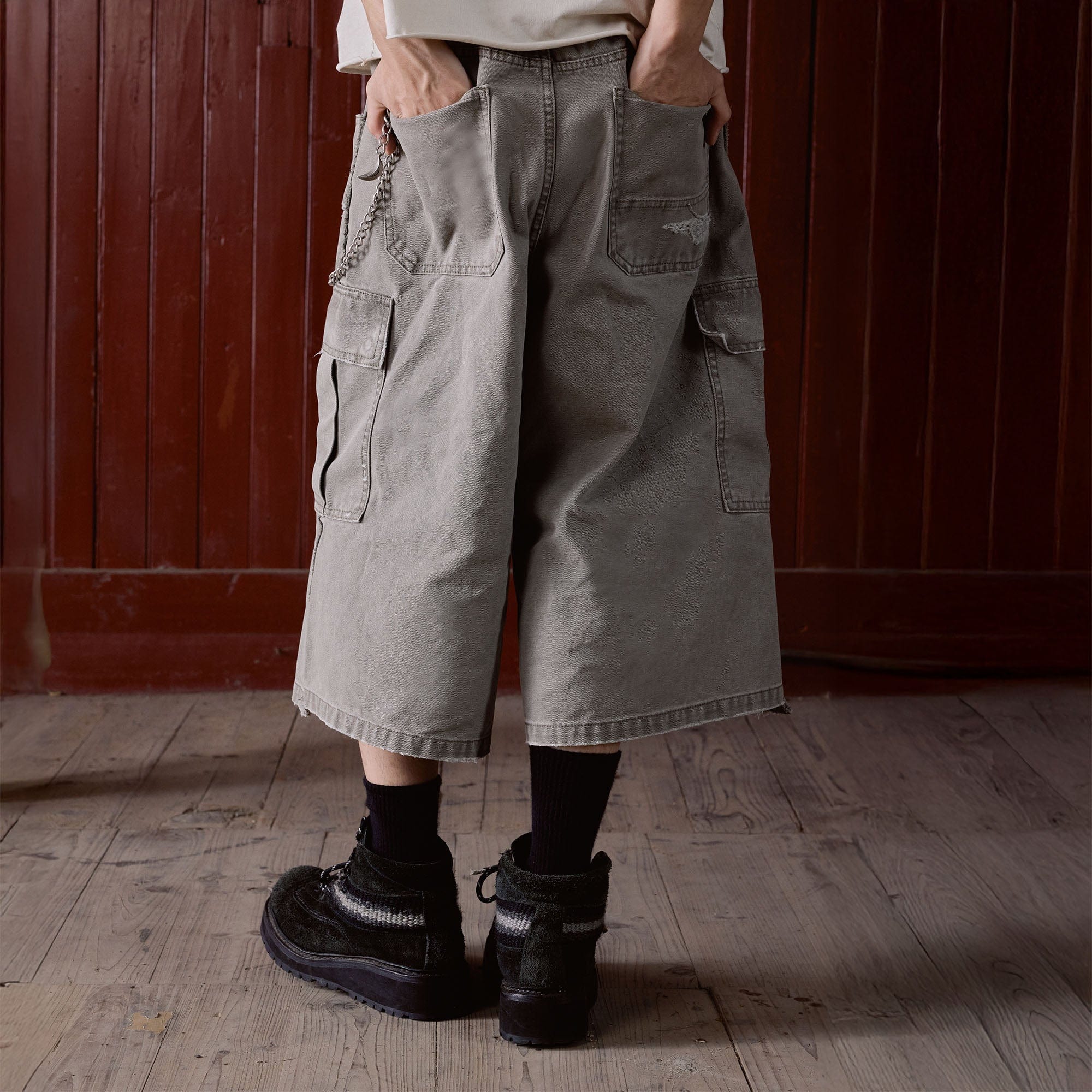 IN EXISTENCE Distressed Multi-Pocket Straight-Leg Cargo Shorts-Shorts-S-Gray-Free Shipping Leatheretro