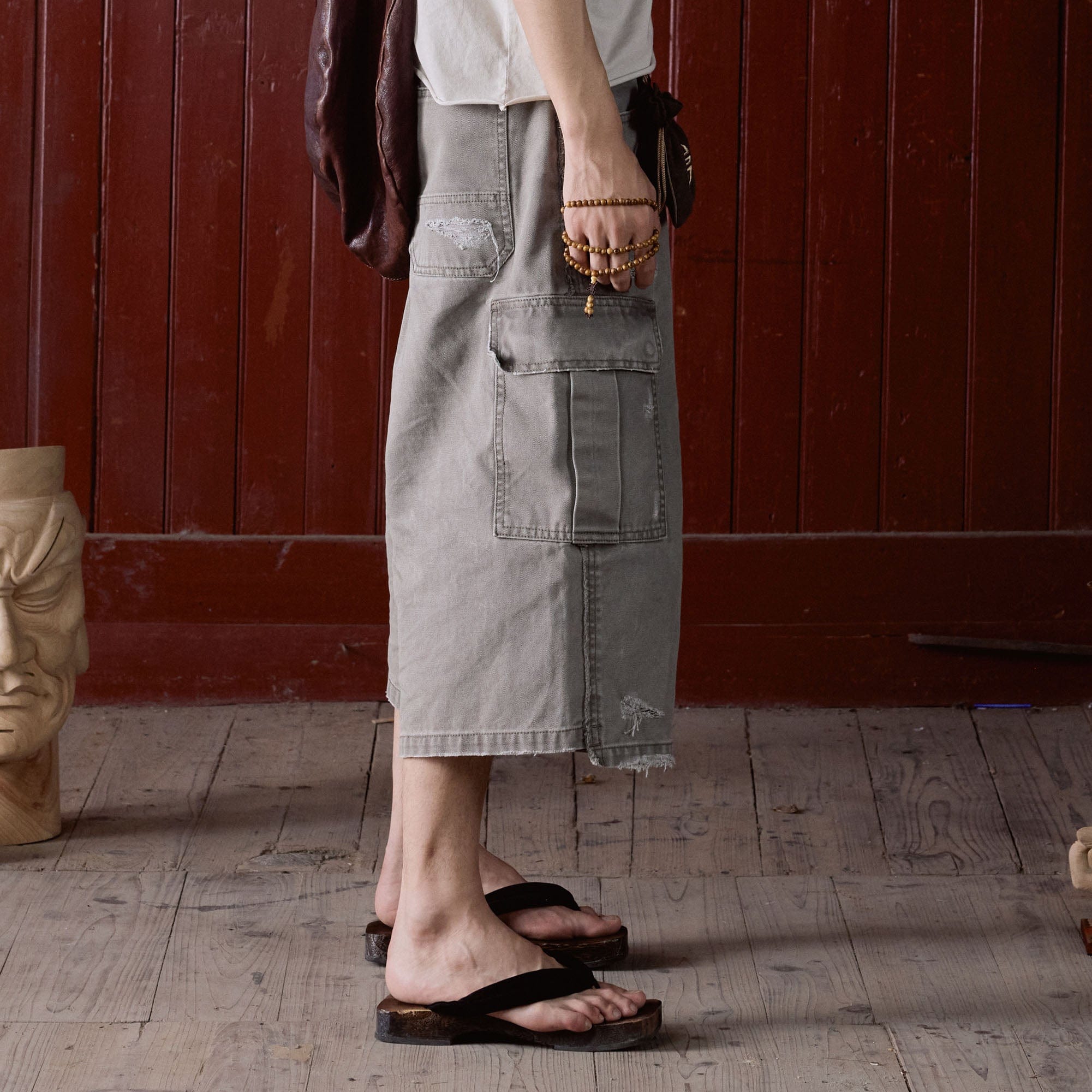 IN EXISTENCE Distressed Multi-Pocket Straight-Leg Cargo Shorts-Shorts-S-Gray-Free Shipping Leatheretro