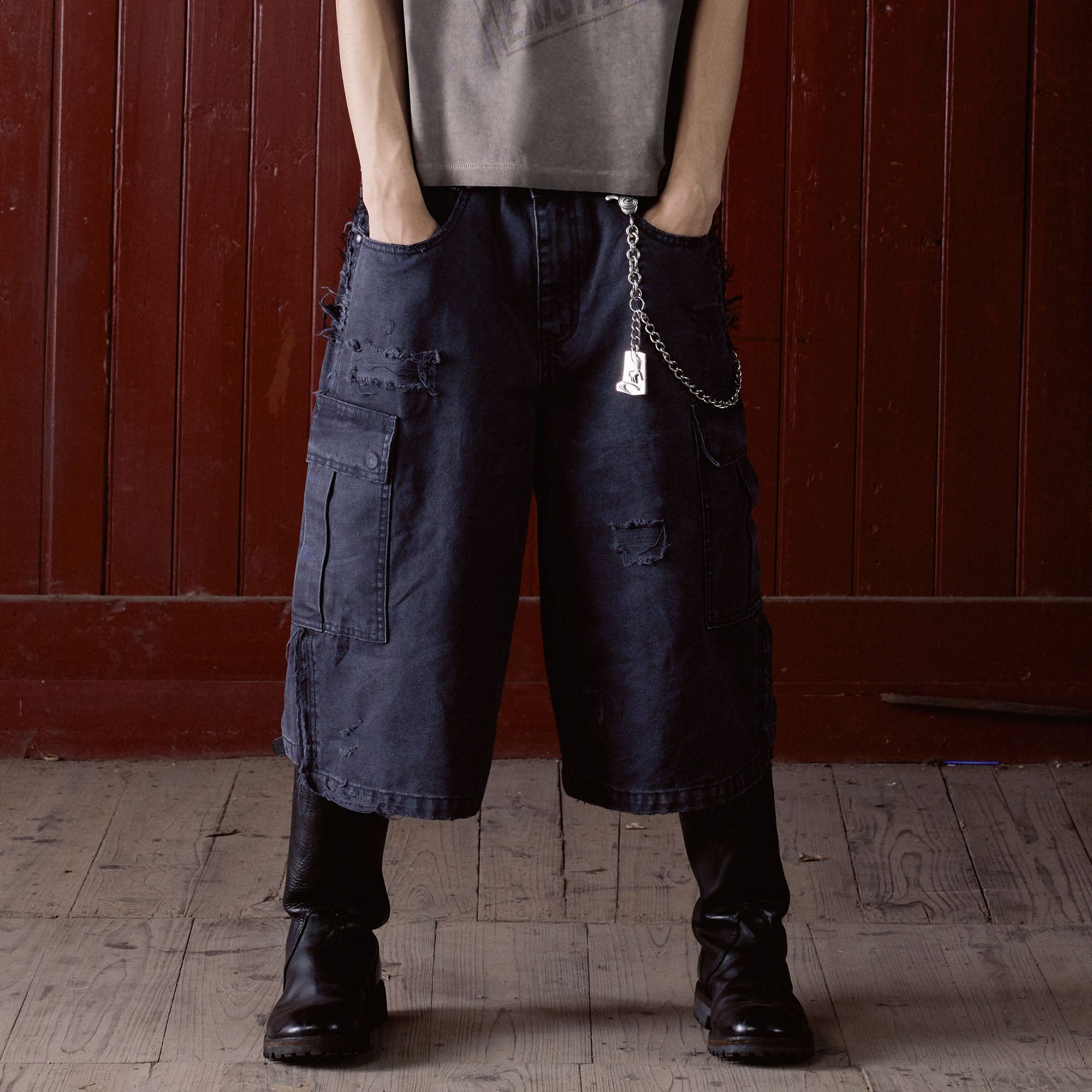 IN EXISTENCE Distressed Multi-Pocket Straight-Leg Cargo Shorts-Shorts-S-Black-Free Shipping Leatheretro