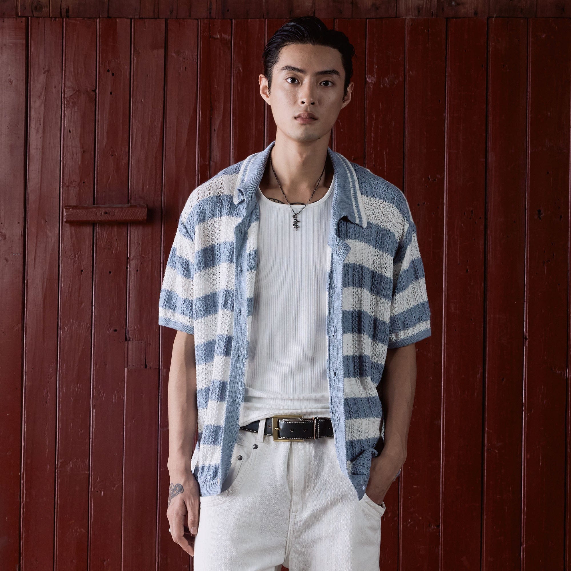 IN EXISTENCE Striped Openwork Jacquard Knitted Polo Cardigan-Shirt-S-Blue-Free Shipping Leatheretro