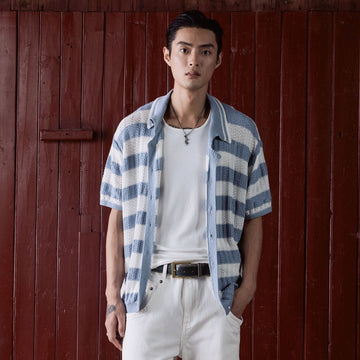 IN EXISTENCE Striped Openwork Jacquard Knitted Polo Cardigan-Shirt-S-Blue-Free Shipping Leatheretro
