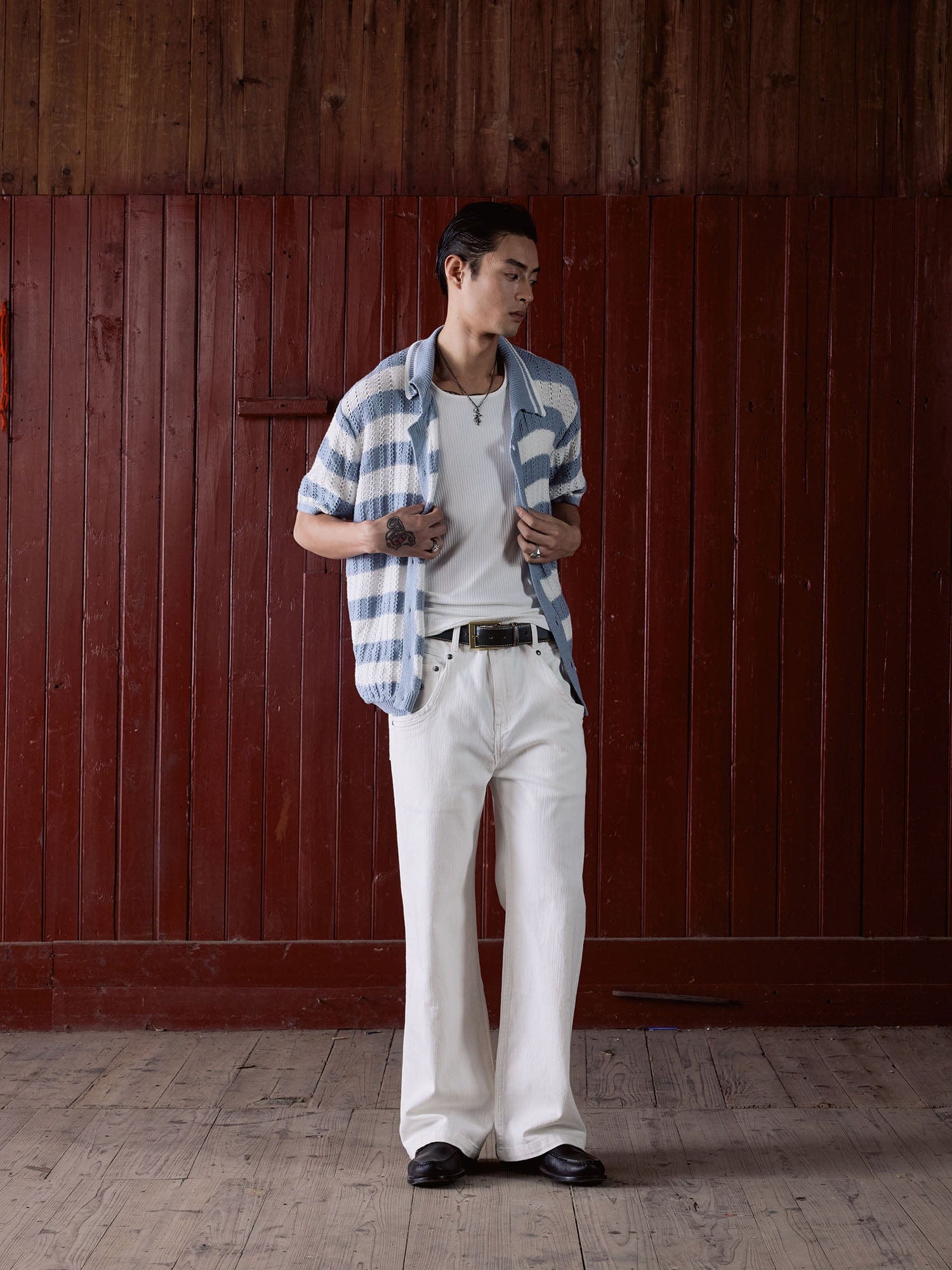 IN EXISTENCE Striped Openwork Jacquard Knitted Polo Cardigan-Shirt-S-Blue-Free Shipping Leatheretro