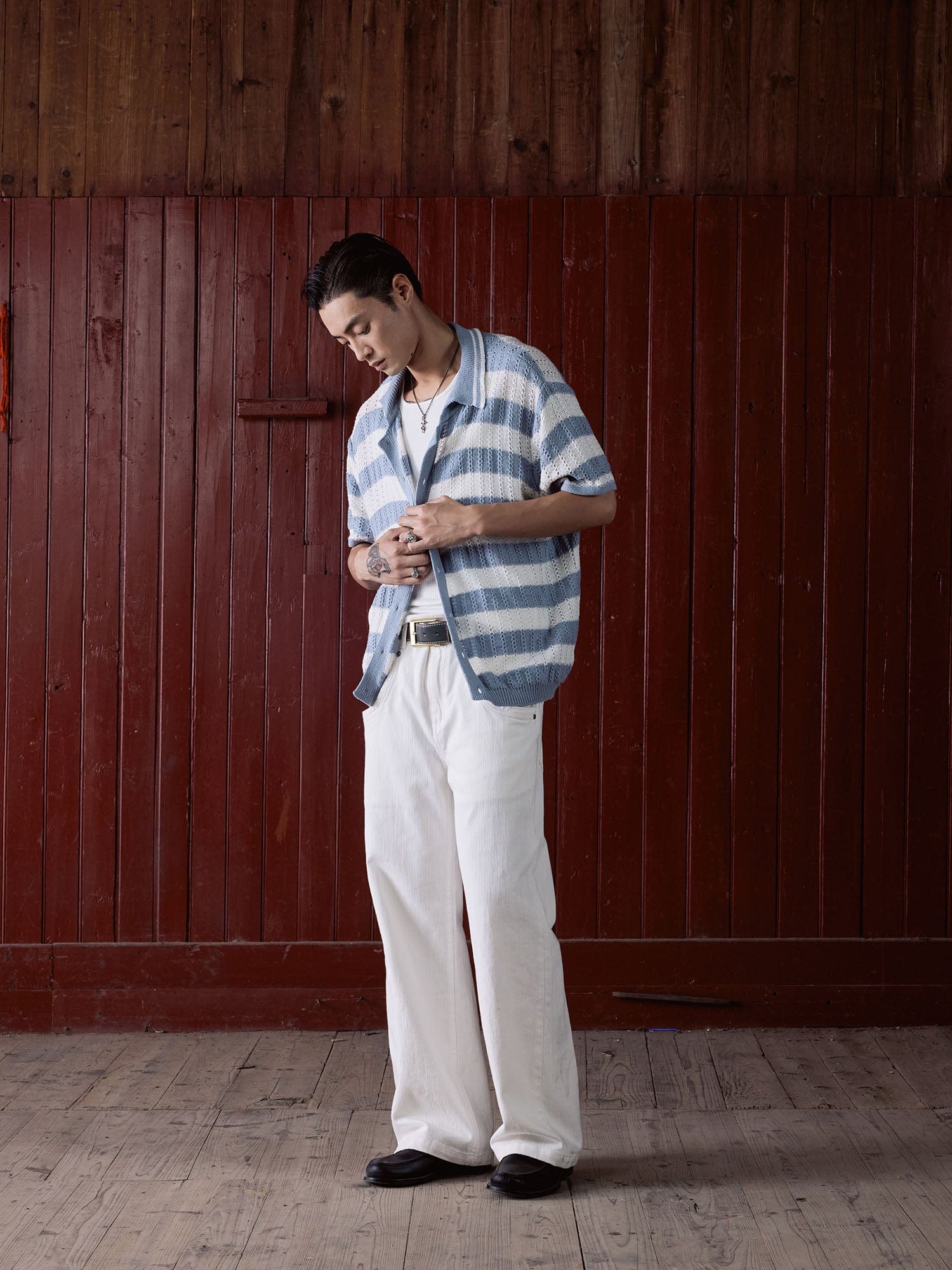 IN EXISTENCE Striped Openwork Jacquard Knitted Polo Cardigan-Shirt-S-Blue-Free Shipping Leatheretro