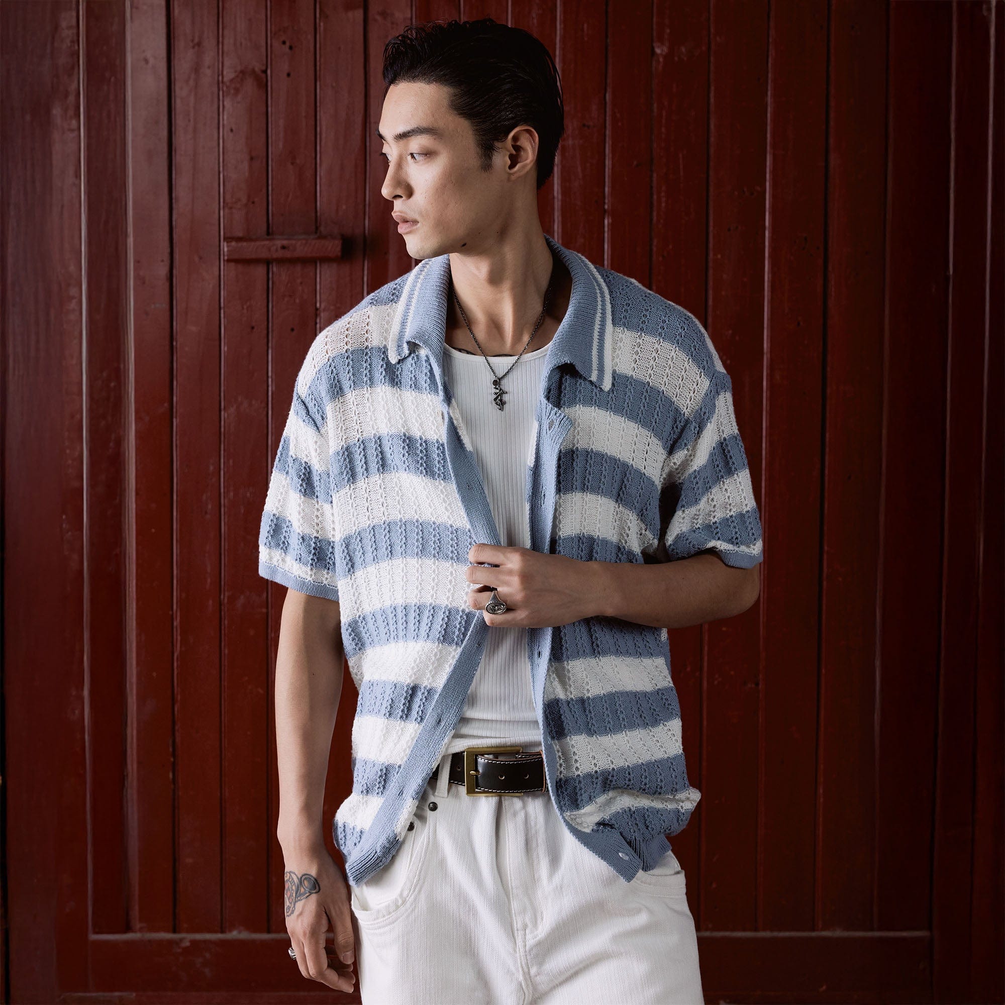 IN EXISTENCE Striped Openwork Jacquard Knitted Polo Cardigan-Shirt-S-Blue-Free Shipping Leatheretro