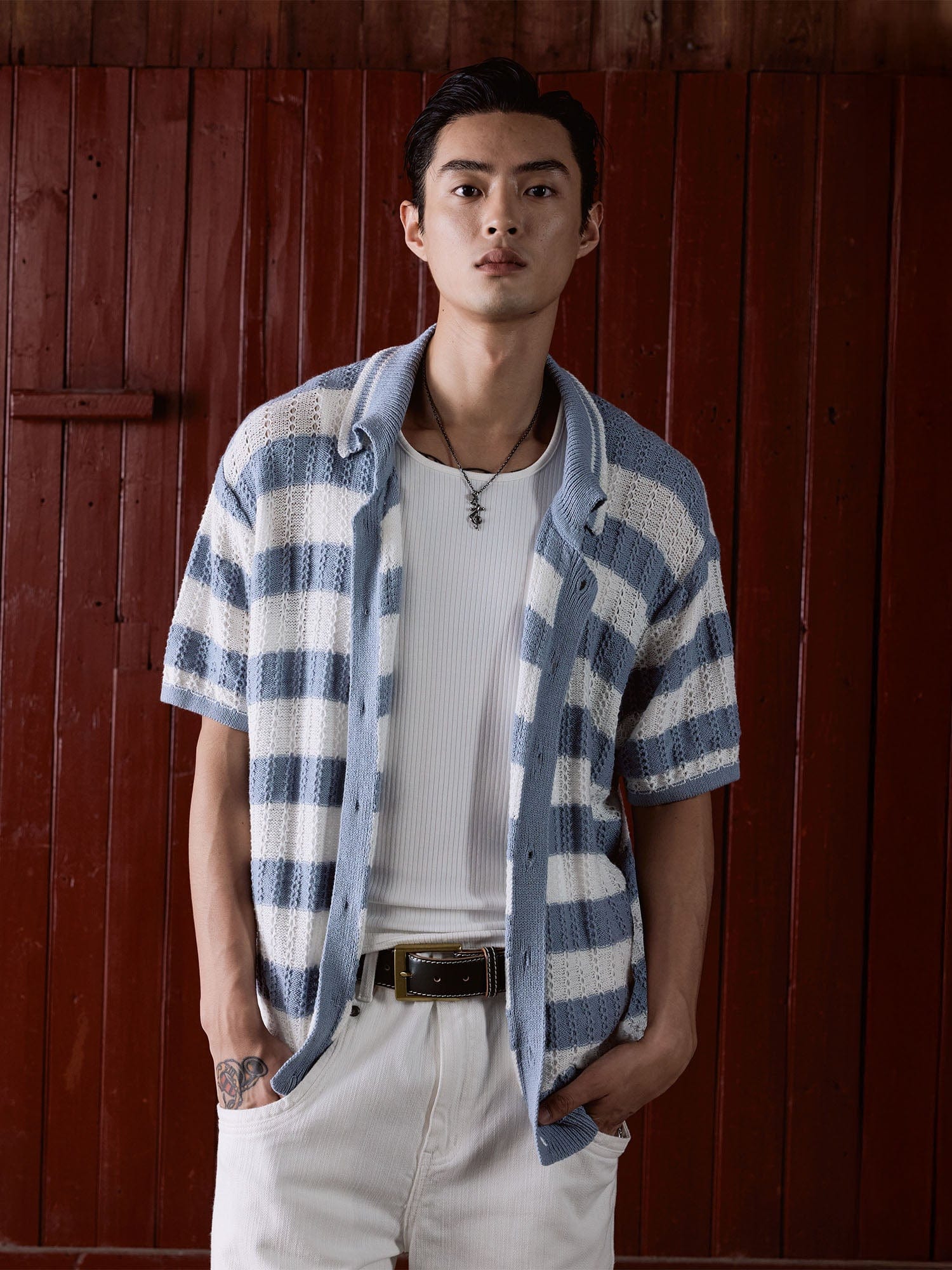 IN EXISTENCE Striped Openwork Jacquard Knitted Polo Cardigan-Shirt-S-Blue-Free Shipping Leatheretro
